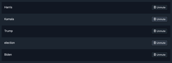 Screenshot of a list of muted words on micro.blog that cover the US election.