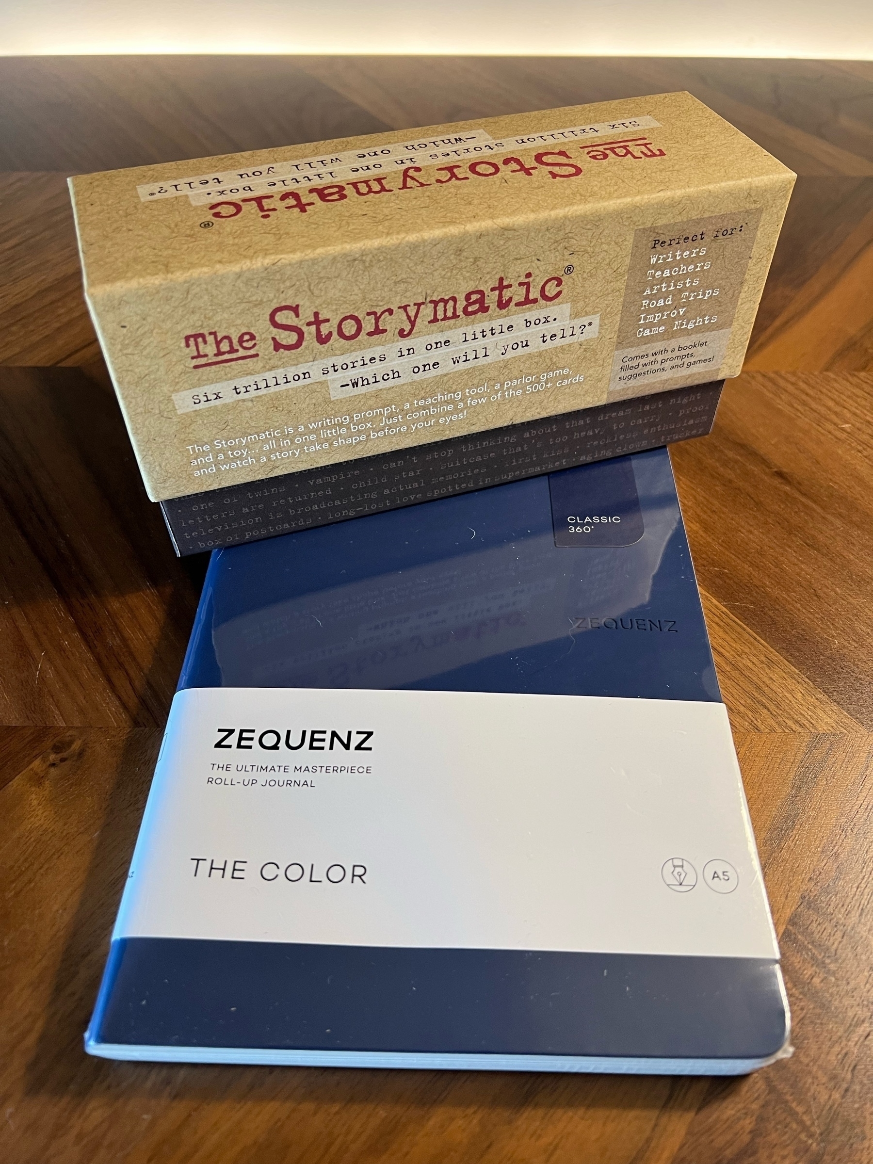 A navy blue A5 Zequenz notebook and a game called The Storymatic.