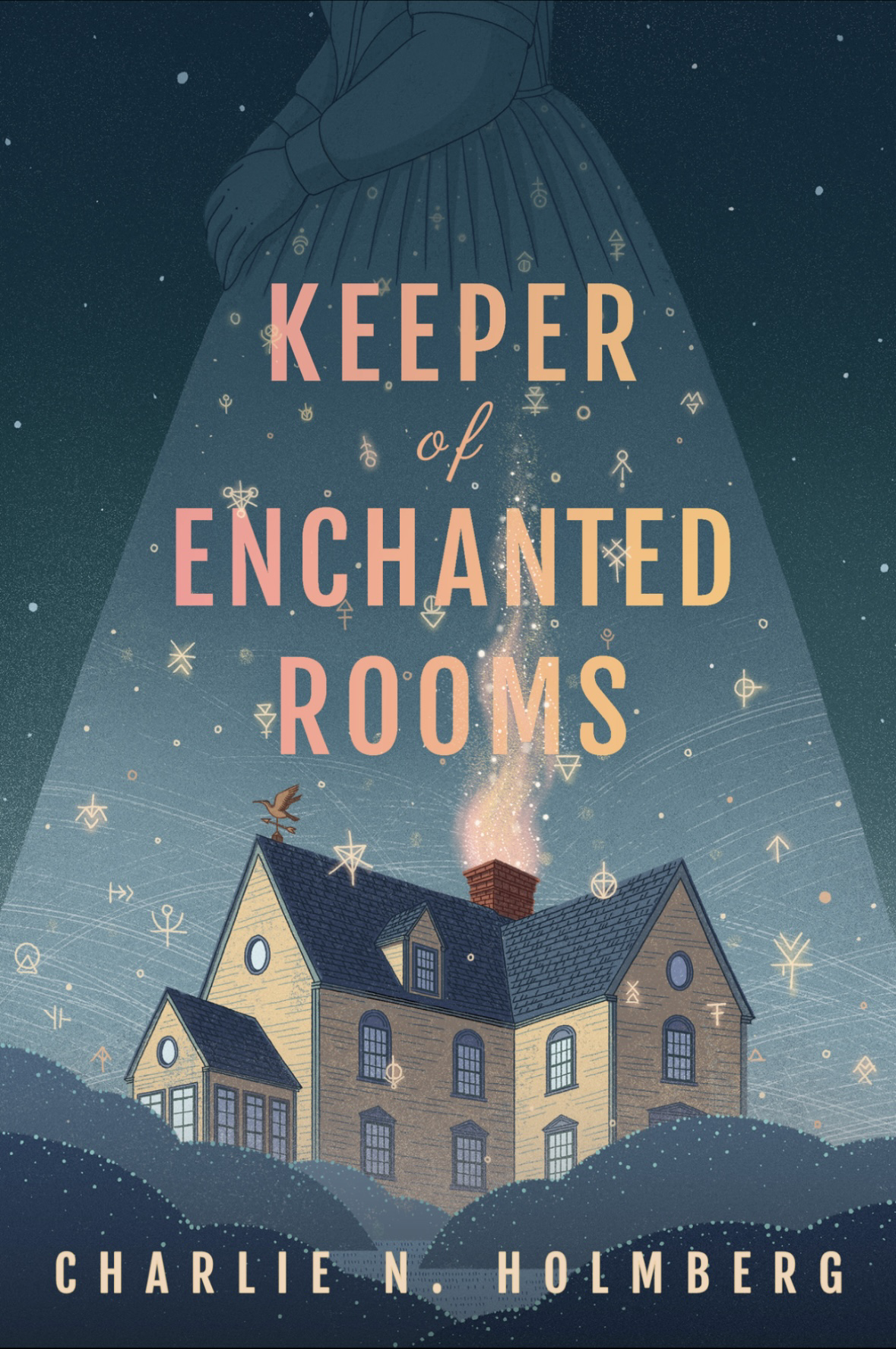The cover of Keeper of Enchanted Rooms. An illustrstion of a colonial-style house imposed upon the silhouette of a woman in a 19th-century dress.