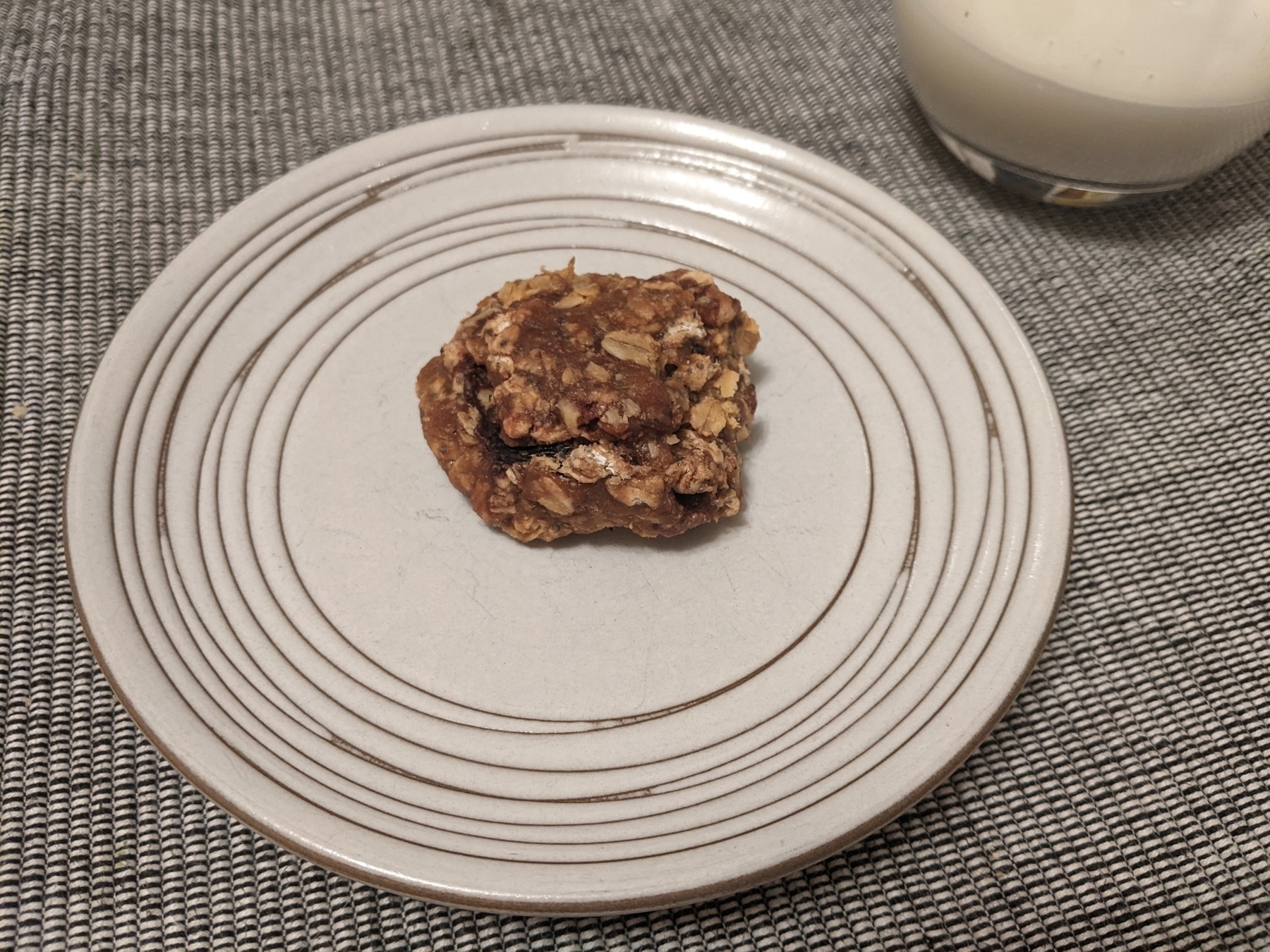 single cookie on a plate, looking dreadfully dense and healthful 