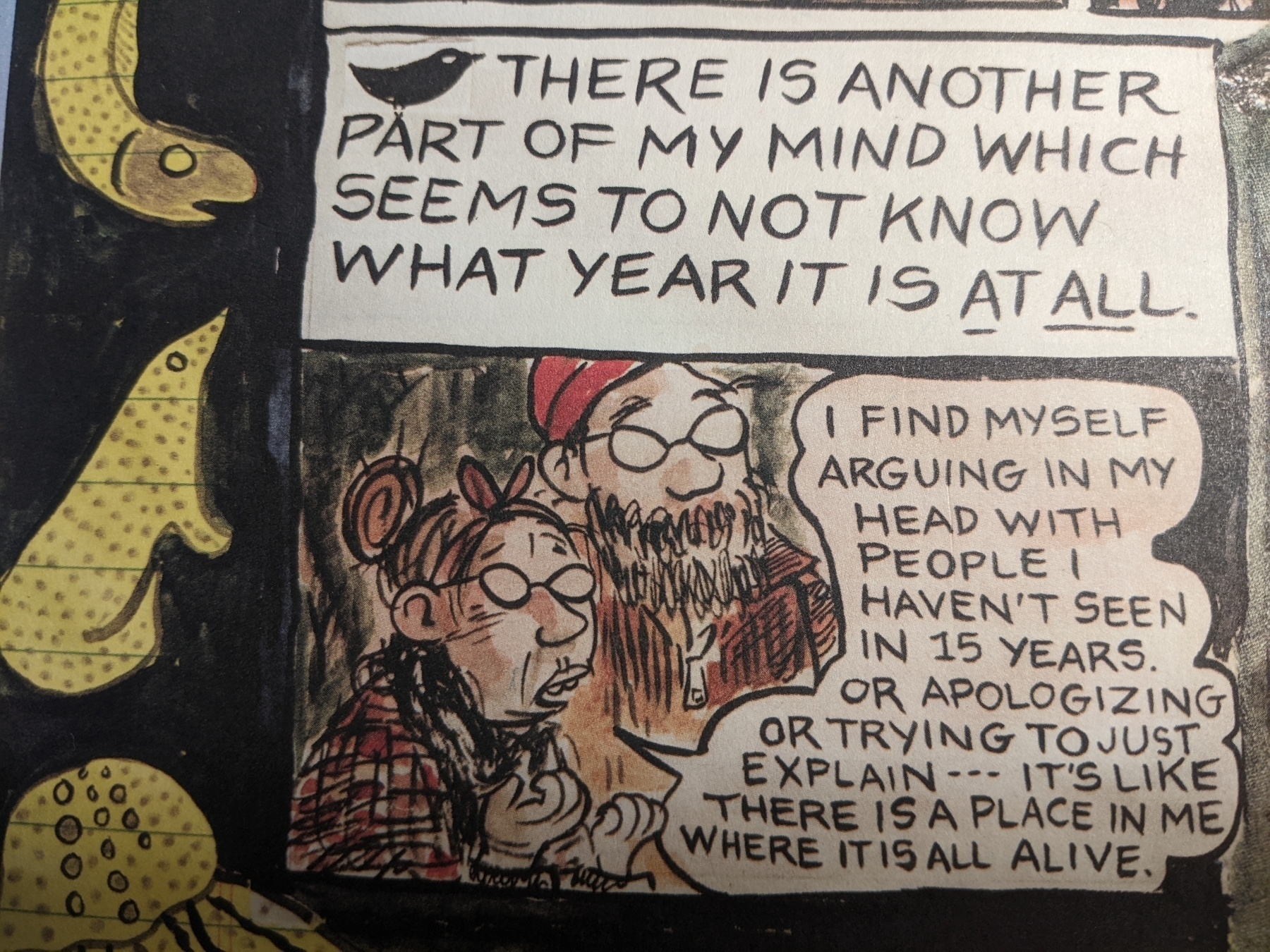 Comic panel showing a woman speaking to her bearded partner 