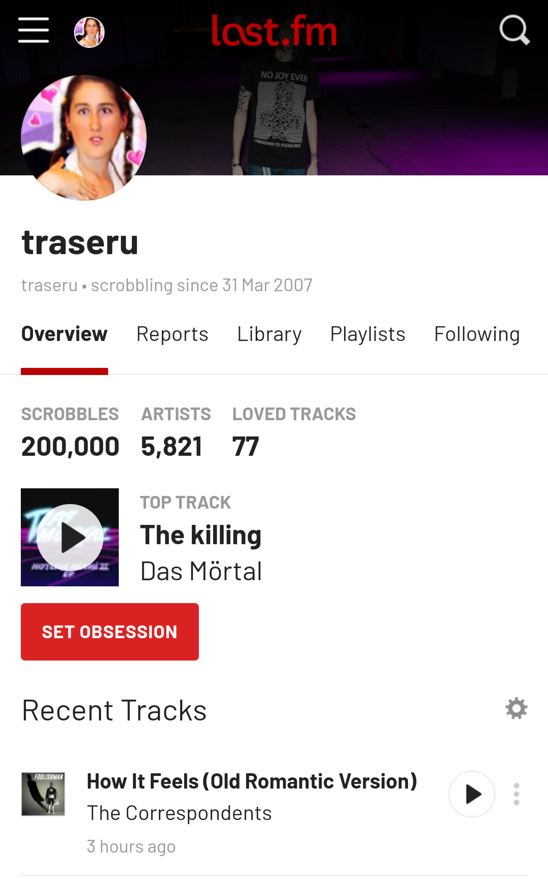 screenshot of last.fm user profile for traseru showing 200000 scrobbles since 2007