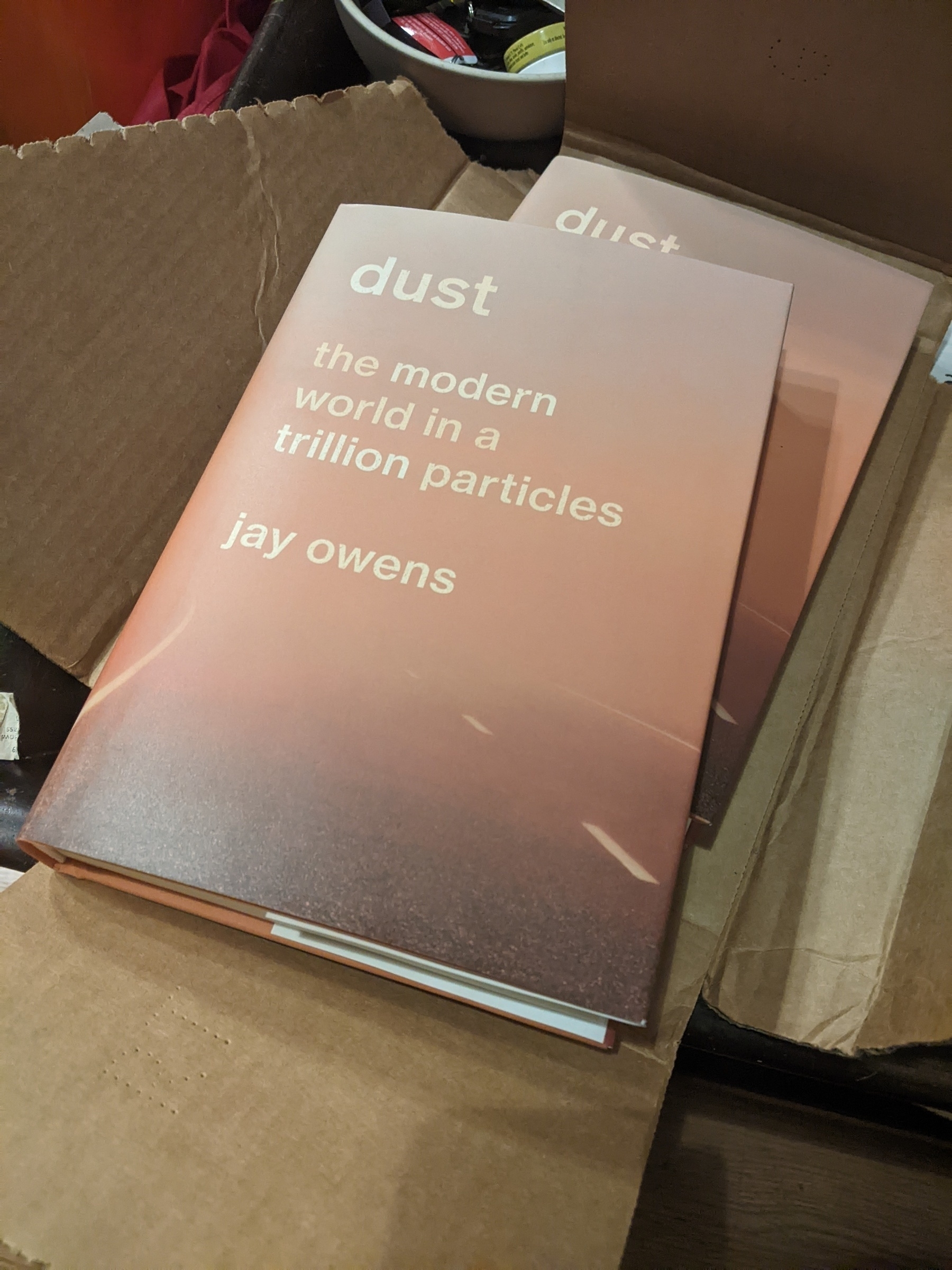 Two copies of the book "dust: the modern world in a trillion particles" by Jay Owens stacked on an open cardboard packing sleeve 