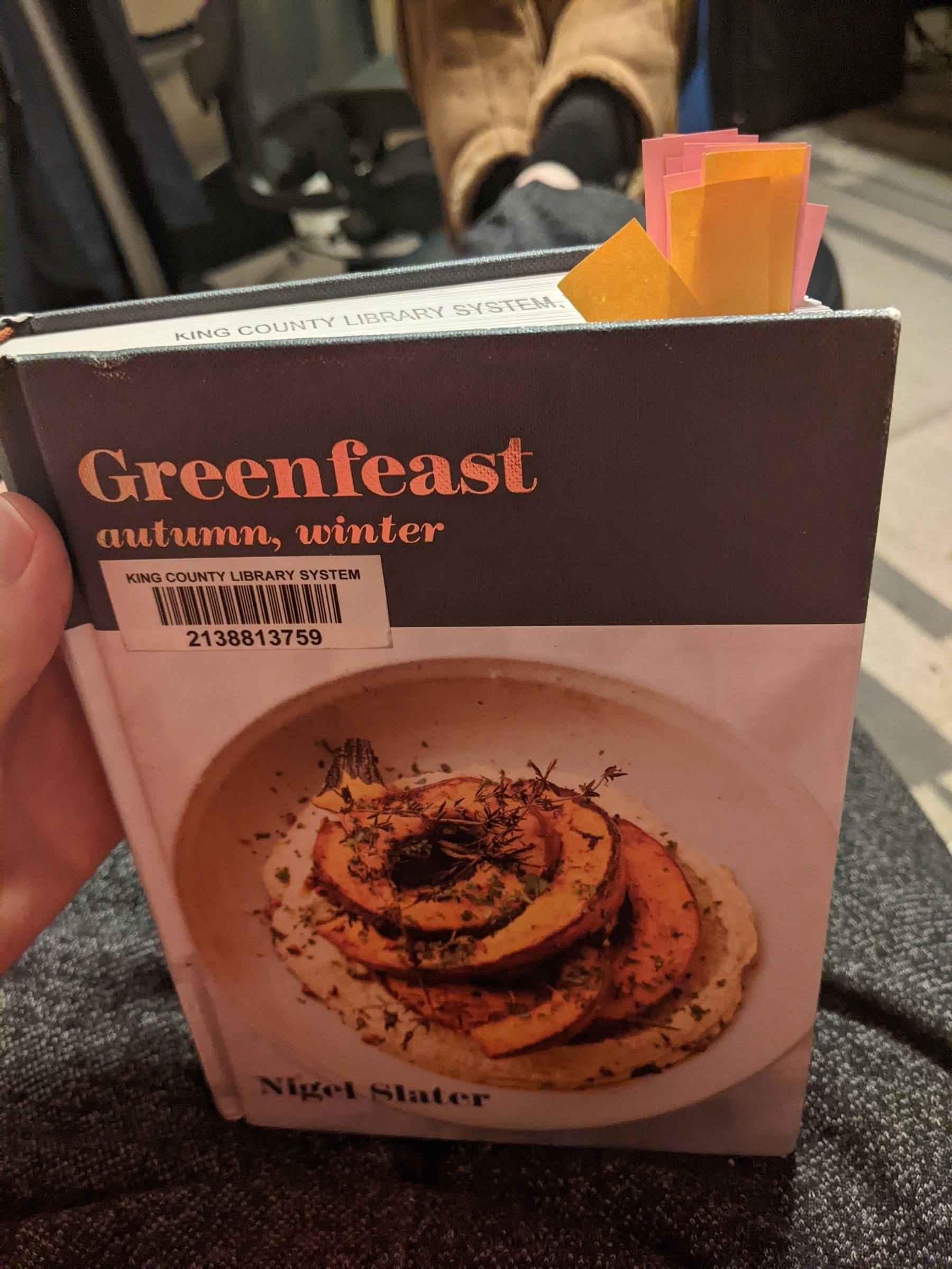 Petite hardcover cookbook from the library bristling with post-it flagged recipes