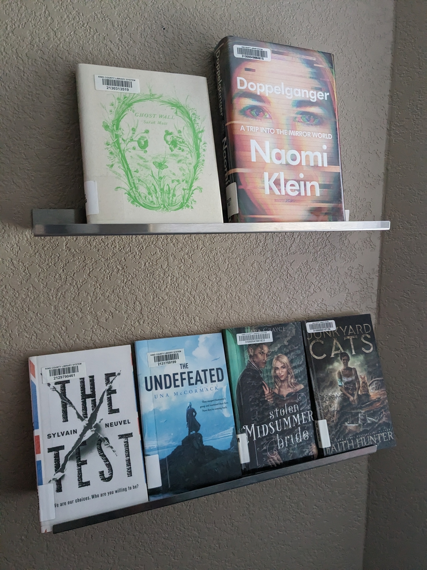 Two facing shelves of books with five novellas and a nonfiction book