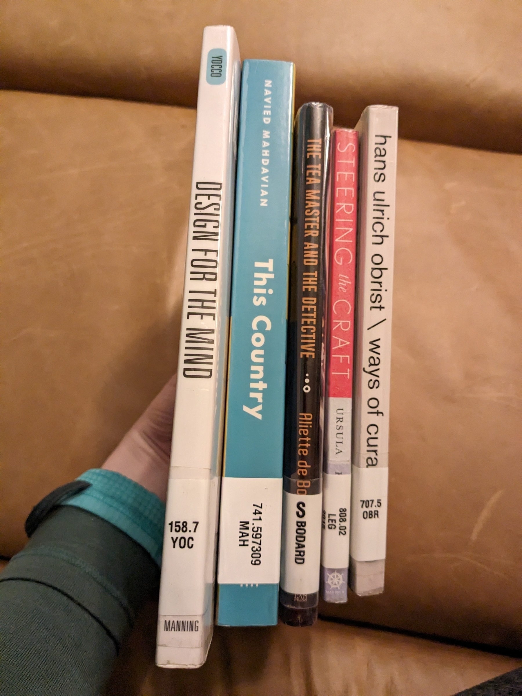 holding five slender library books with spines facing 