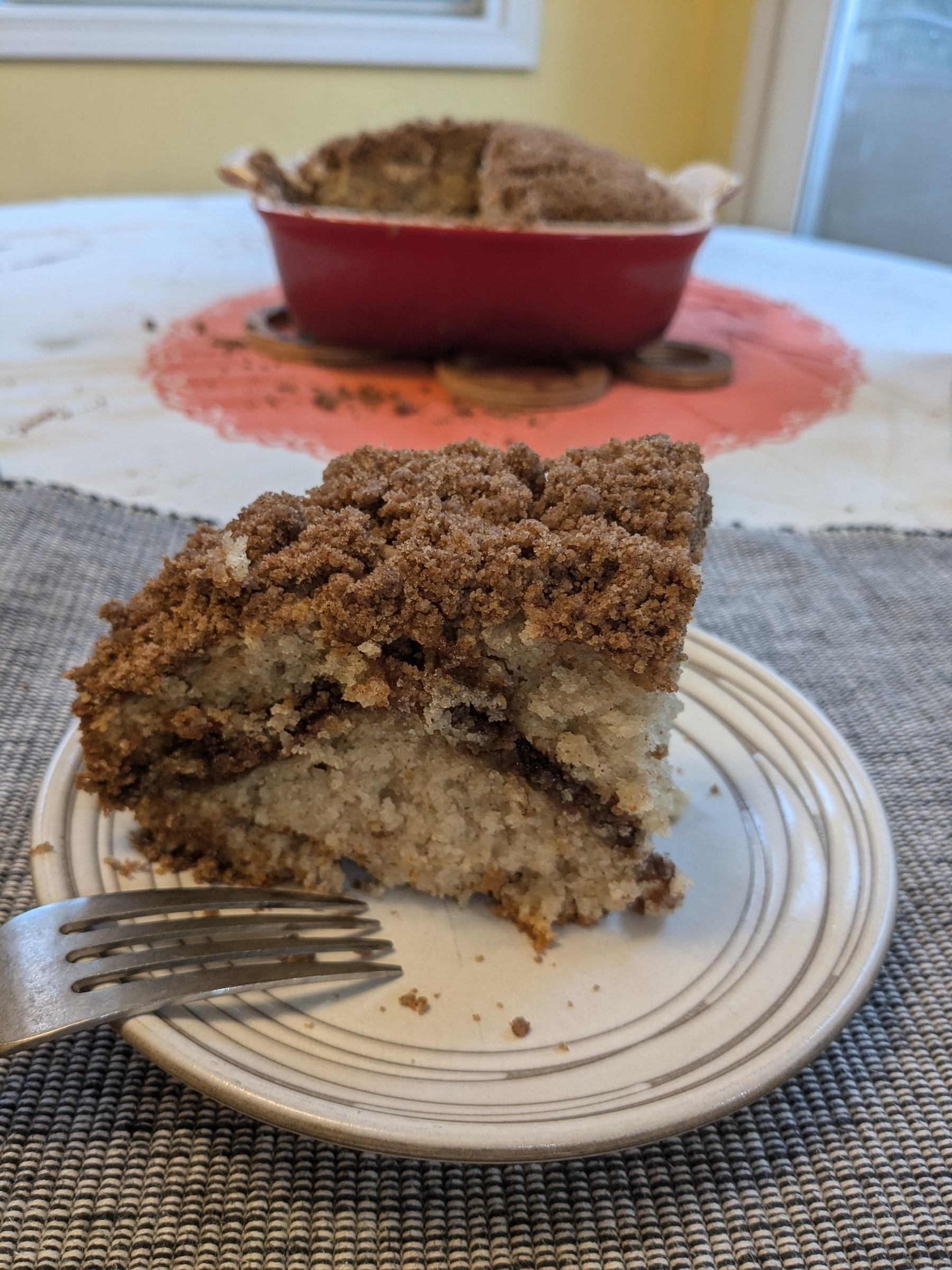 slice of coffee cake with a thin layer running through 