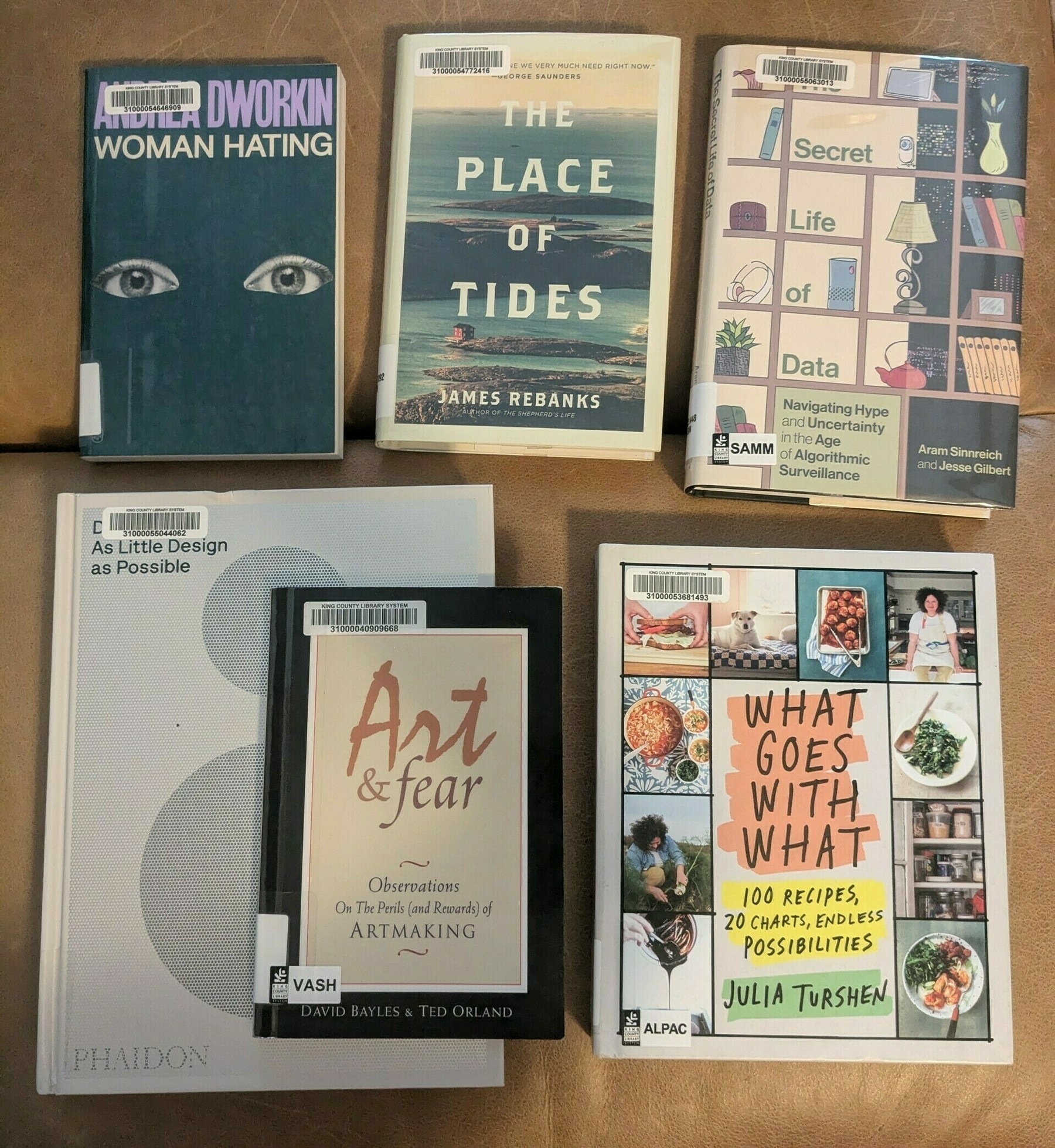 flatlay of 6 library books, one a gigantic Phaidon art book and another a hefty cookbook