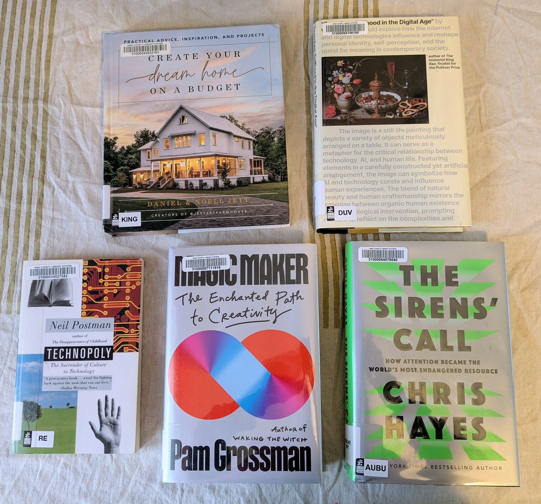 Flatlay of five library books, one a photo heavy book the others prose nonfiction 