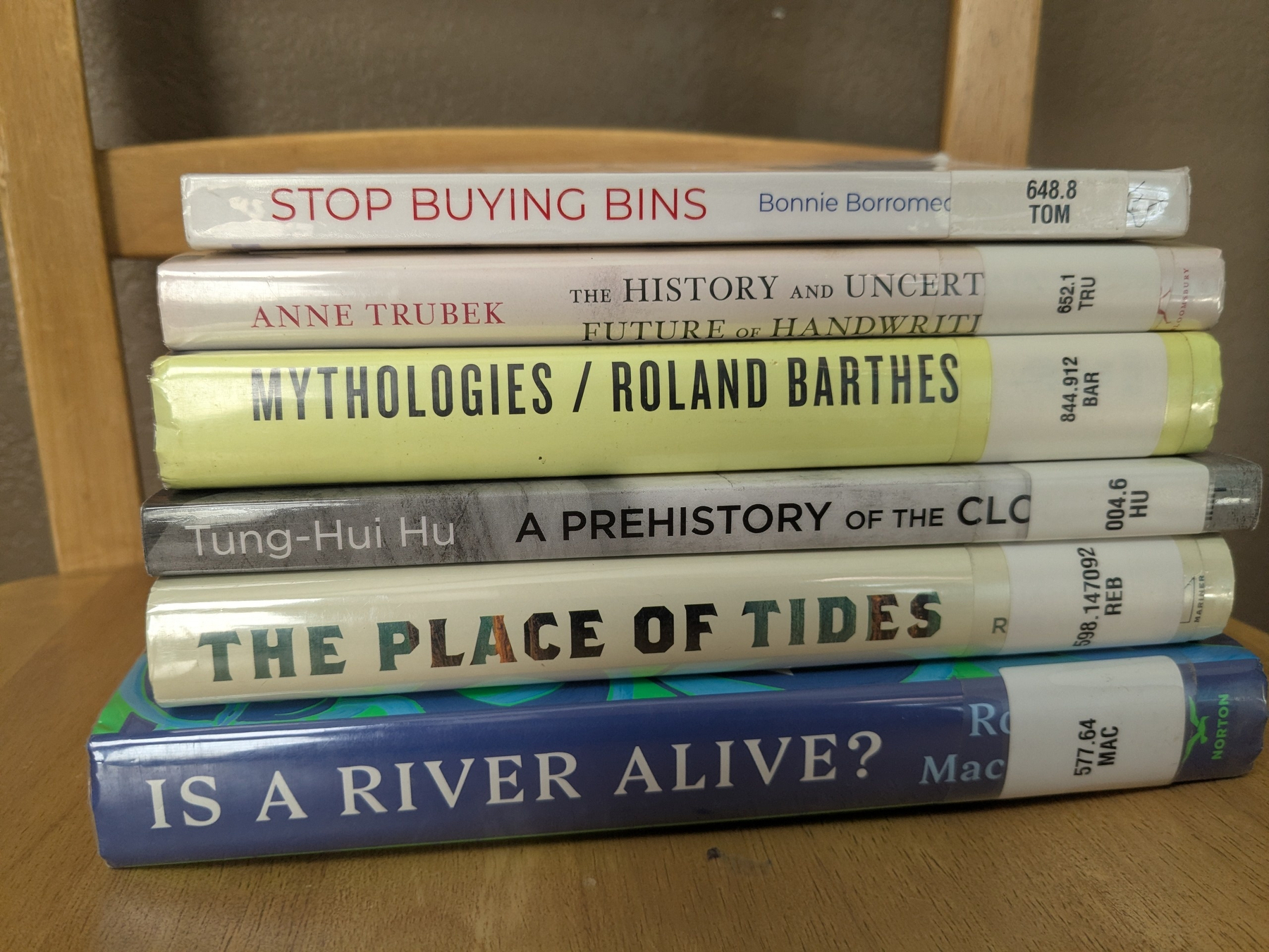 stack of mostly relatively thin library books