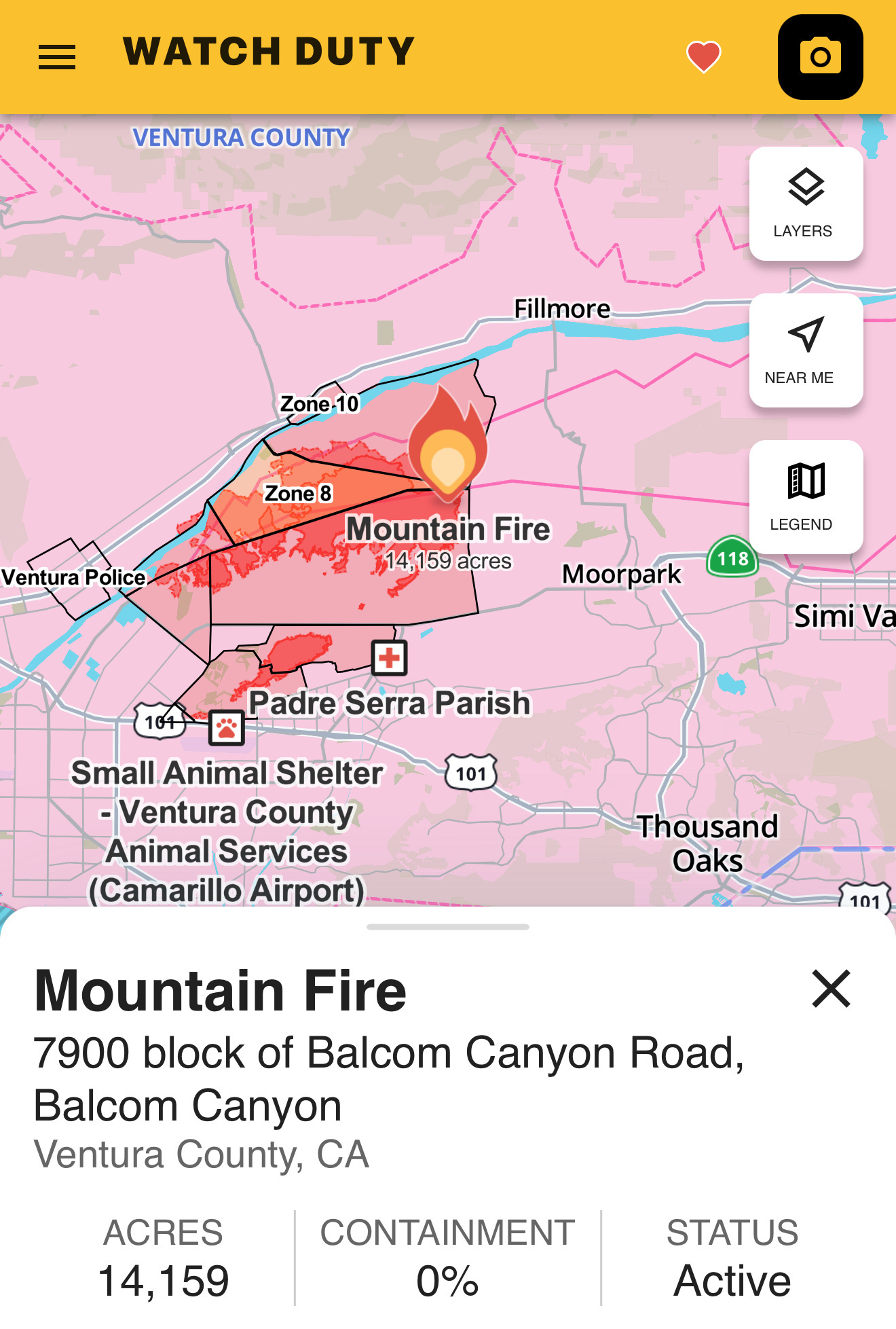 A screenshot of the Watch Duty app where I’m tracking the Mountain Fire in Ventura County, California. 