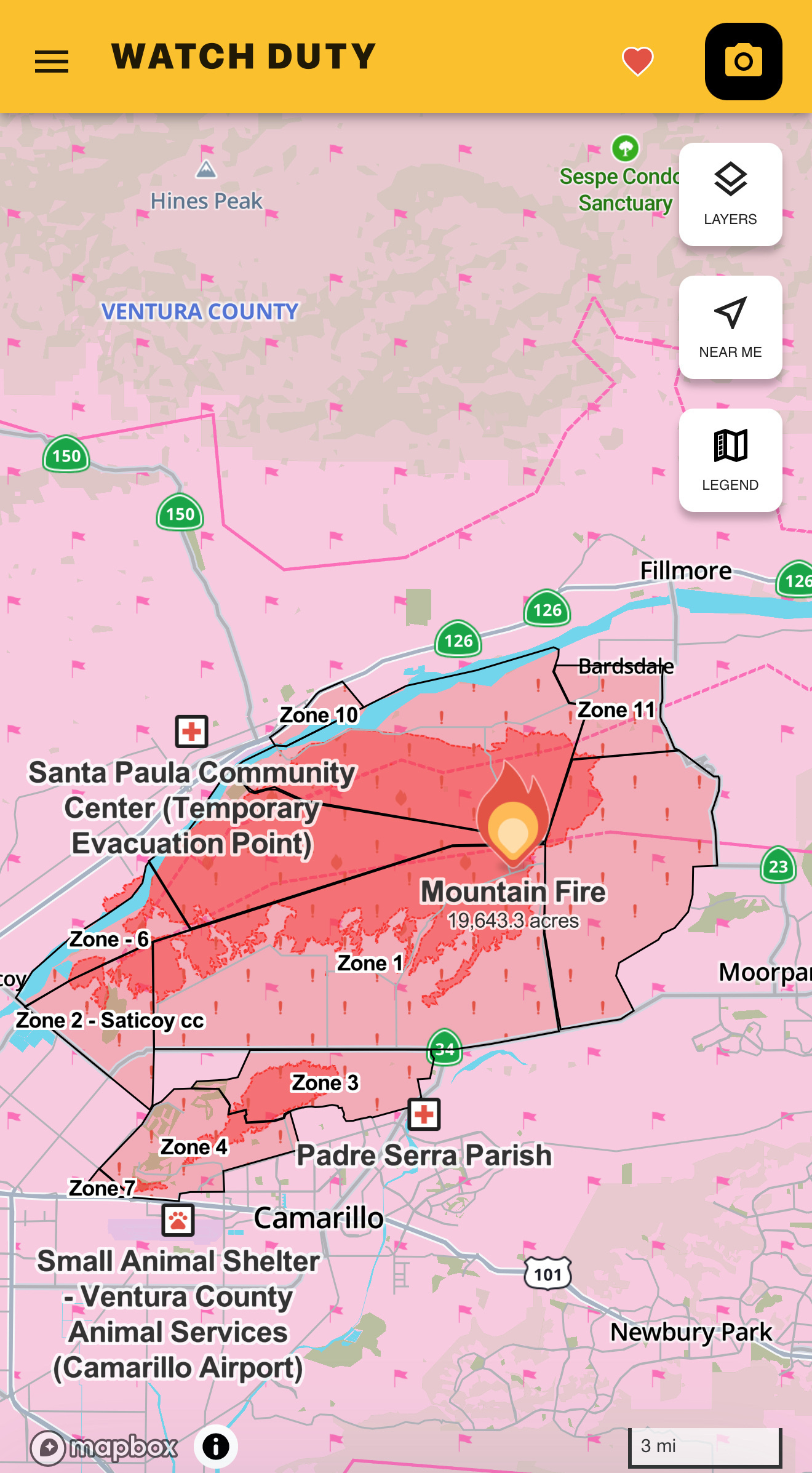 A screenshot of the Mountain Fire progress as seen in the Watch Duty app. 