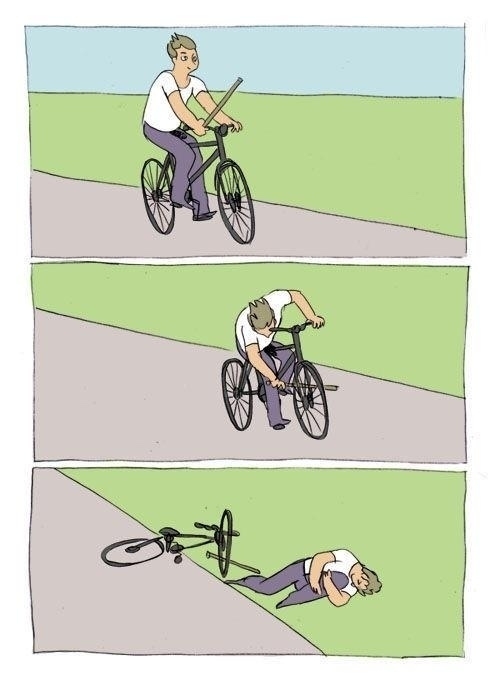 A comic meme where a bicycle rider puts a stick through the spokes of their front tire, and in the last panel they are on the ground presumably hurt from falling off of the bicycle. 