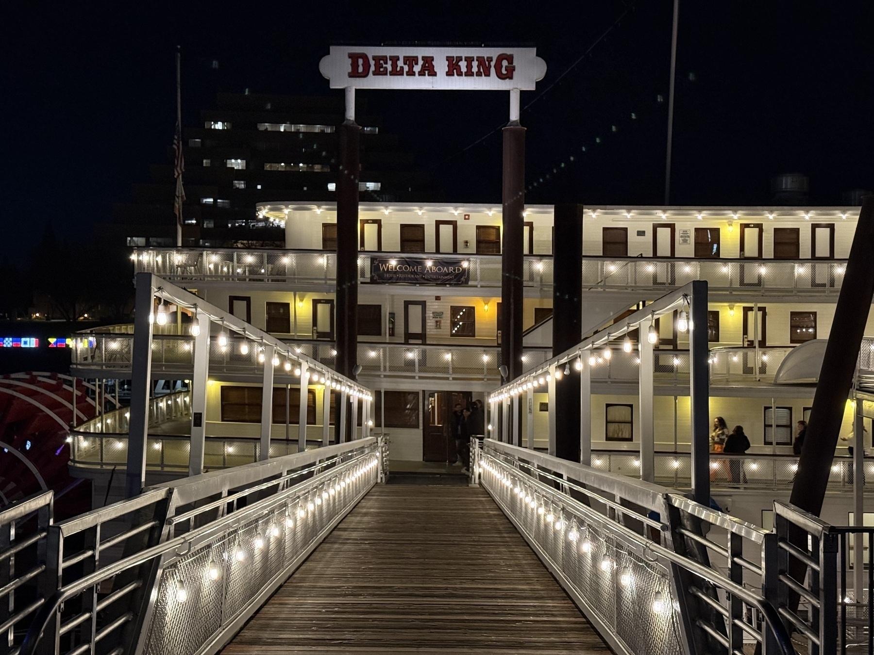 A view down the pathway leading guests onboard the Delta King, a riverboat and hotel in Oldtown Sacramento. 