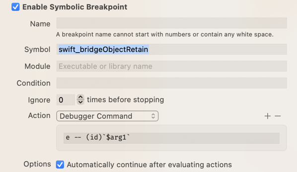 Xcode breakpoint: Set symbol to swift_bridgeObjectRetain. Set action to Debugger Command, "e -- (id)`$arg1`" (resolve dollar-arg1 as an ObjC id), and Automatically continue.
