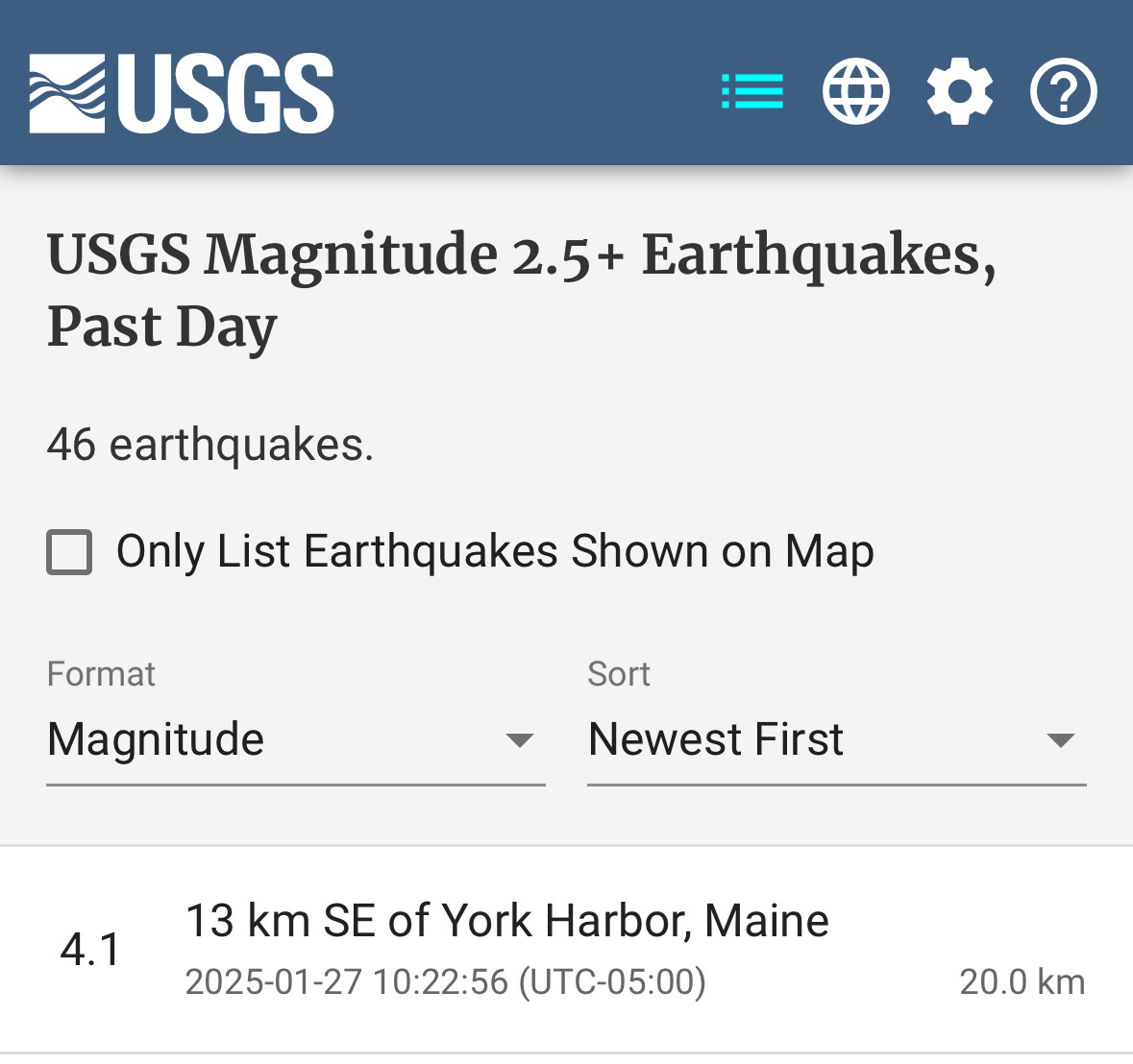 Screen capture of USGS Earthquake site confirming 4.1 magnitude earthquake