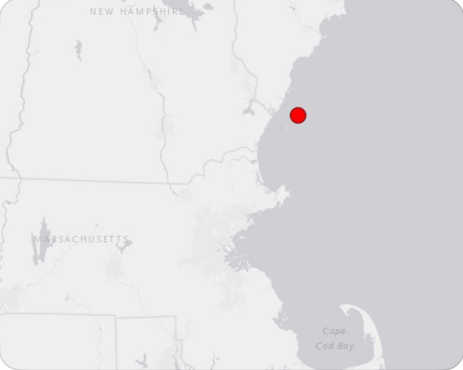 A map of the northeastern United States features a red dot off the coast near the New Hampshire Maine border indicating epicenter of 4.1 magnitude earthquake.