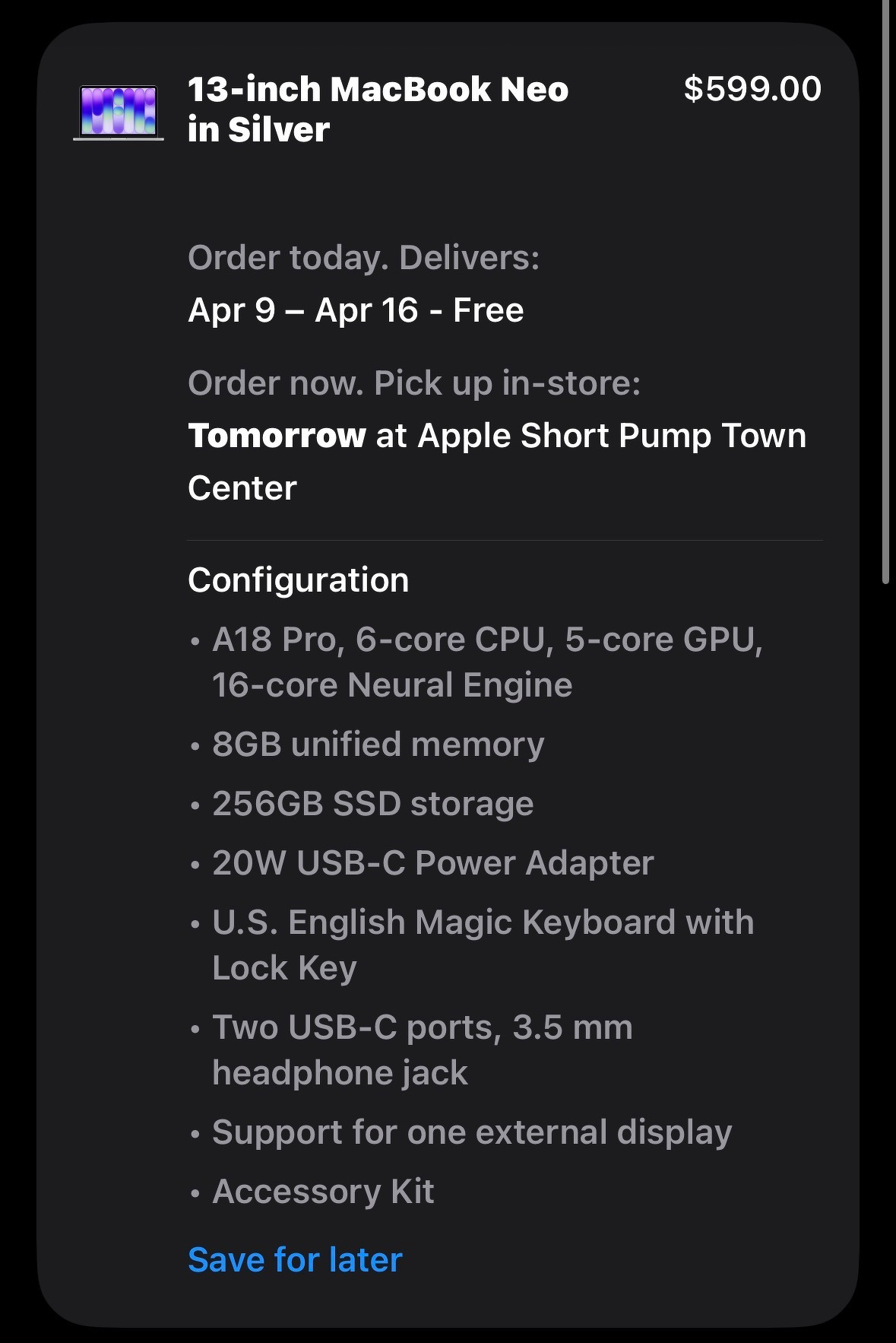 A screenshot showing details and pricing for a 13-inch MacBook Neo. 
