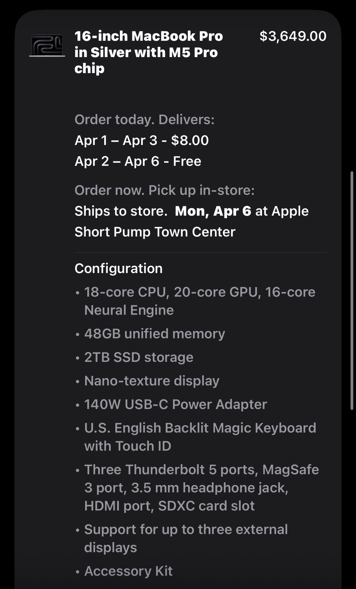 A screenshot shows details and pricing for a 16-inch MacBook Pro in silver, featuring an M5 Pro chip, 48GB or ram, and 2TB of storage, including a price of $3,649.00.