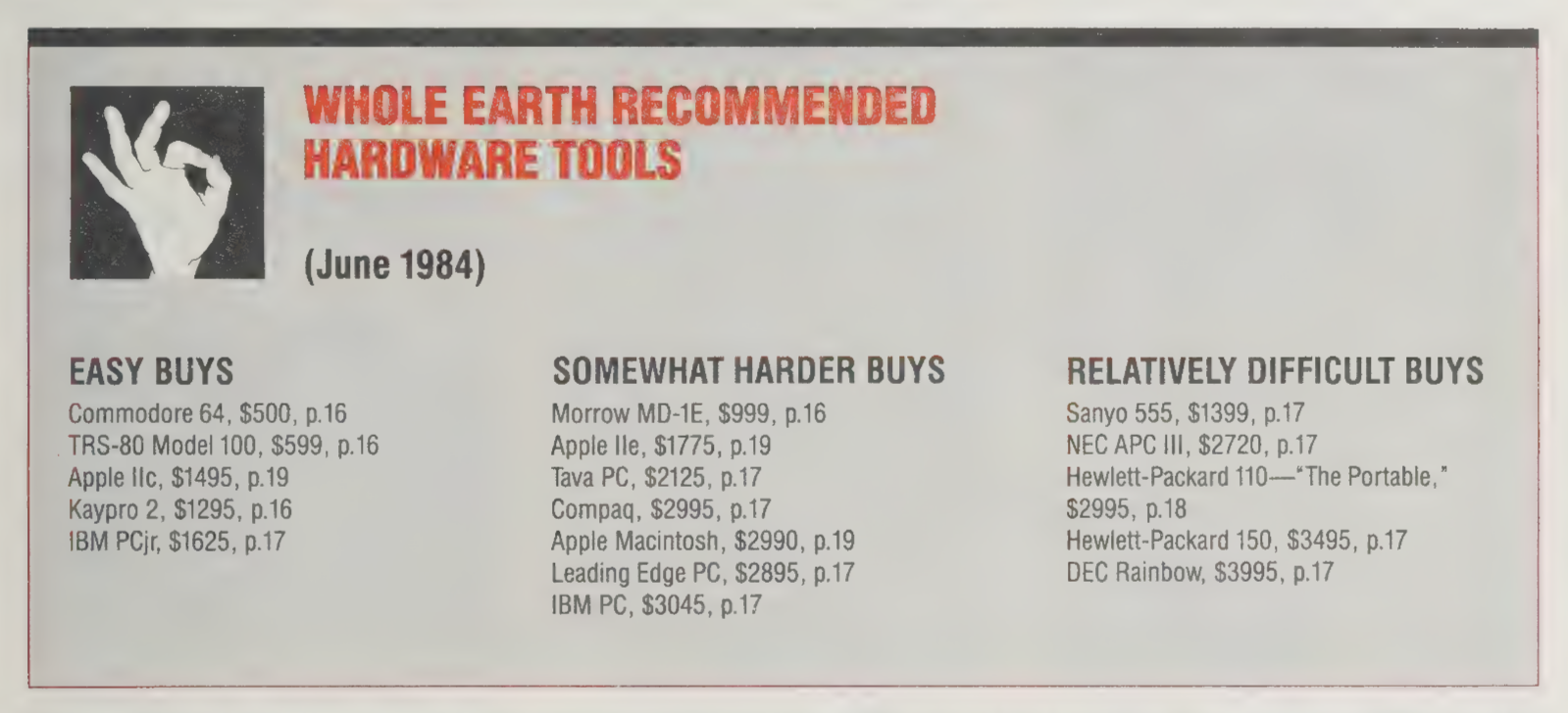 A categorized list from June 1984 recommends hardware tools ranging from easy buys like the Commodore 64 and Apple IIc to relatively difficult buys such as the Sanyo 5559 and DEC Rainbow.