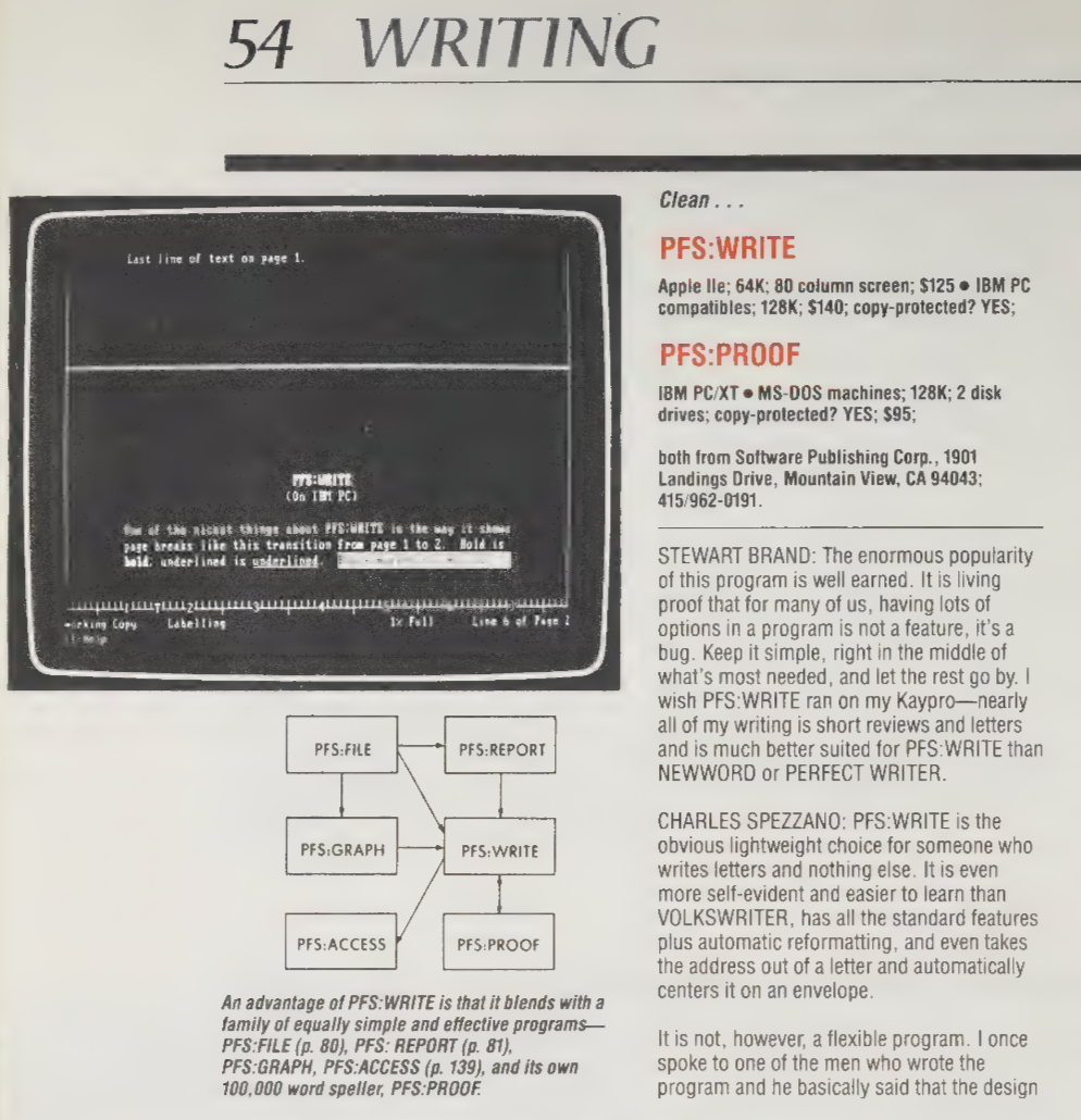 The page features a vintage computer screen displaying the PFS:WRITE program with accompanying text and reviews highlighting its simplicity and advantages compared to other word processing software.