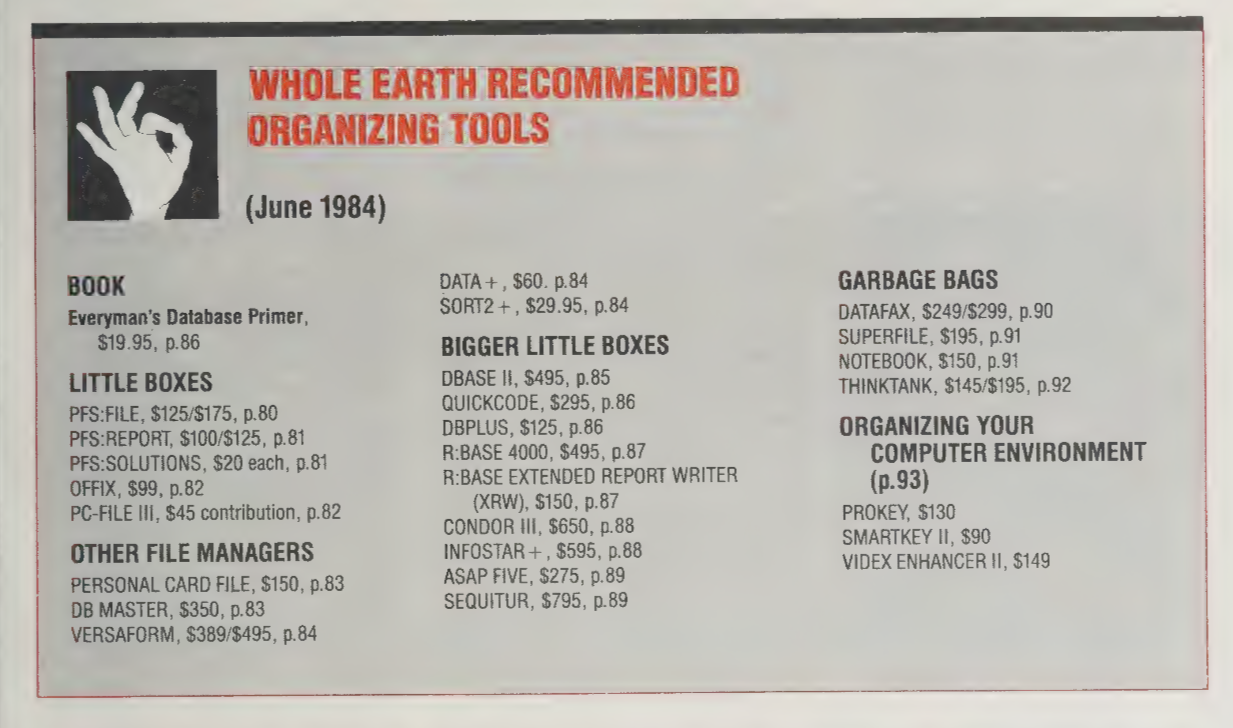 A list titled Whole Earth Recommended Organizing Tools (June 1984) categorizes various software and tools, including books, little boxes, bigger little boxes, garbage bags, and computer organizing programs, along with their prices and page references.