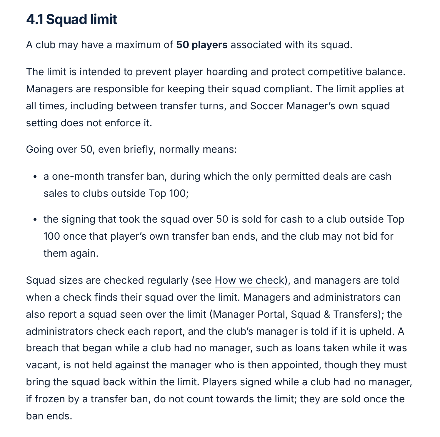 Rule 4.1, Squad limit: at most 50 players at all times, the usual sanction for going over, and how squads are checked and reported