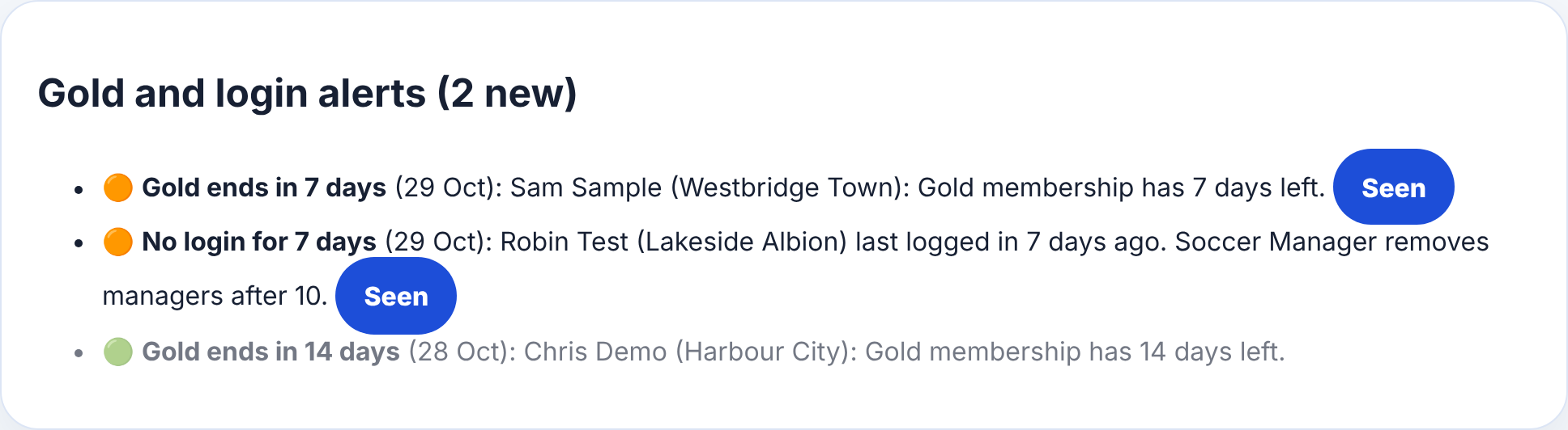 Gold and login alerts: Gold ending in 7 days, and a manager not logged in for 7 days