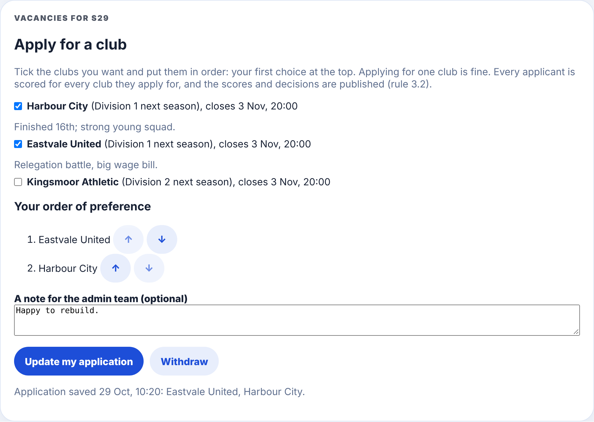 Manager Portal: applying for two vacant clubs in order of preference