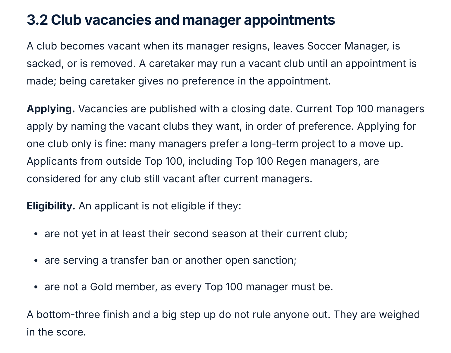 Rule 3.2, Club vacancies and manager appointments: applying in order of preference, and the three reasons an applicant isn&rsquo;t eligible, including not being a Gold member