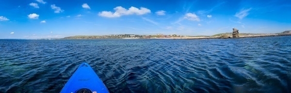 a panorama of South Milton beach from a kayak