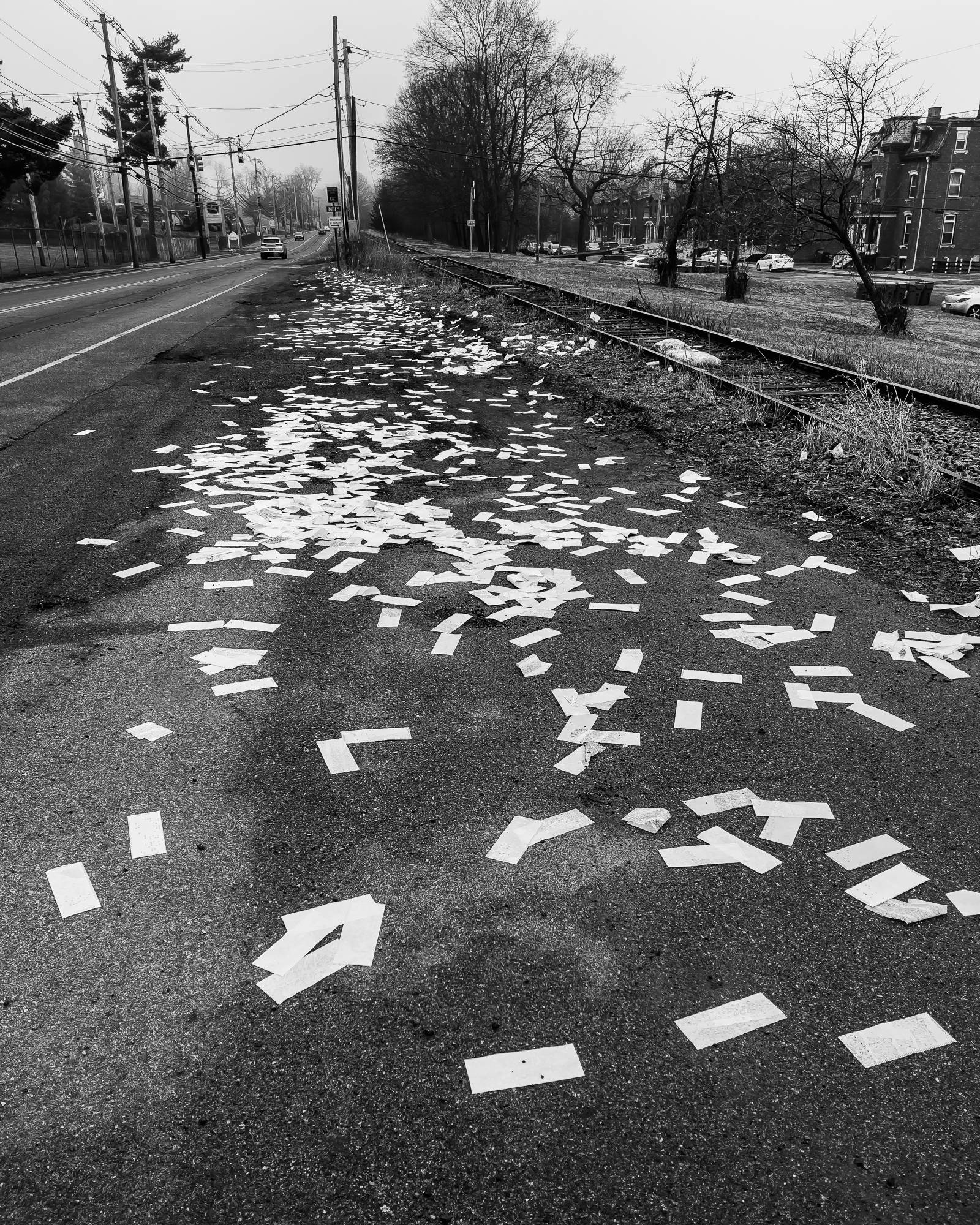 paper strewn along roadside