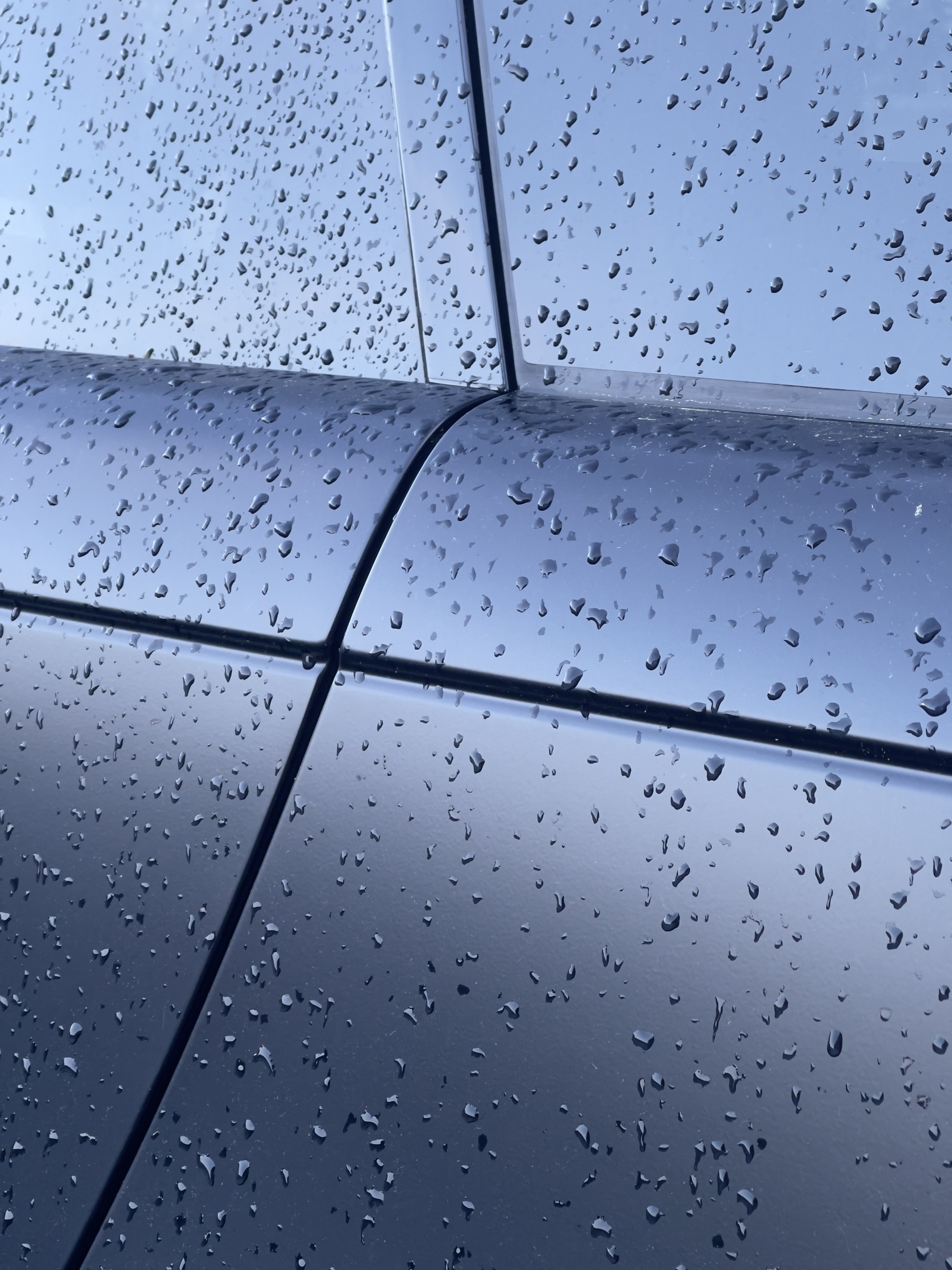 Side of a car with water droplets.