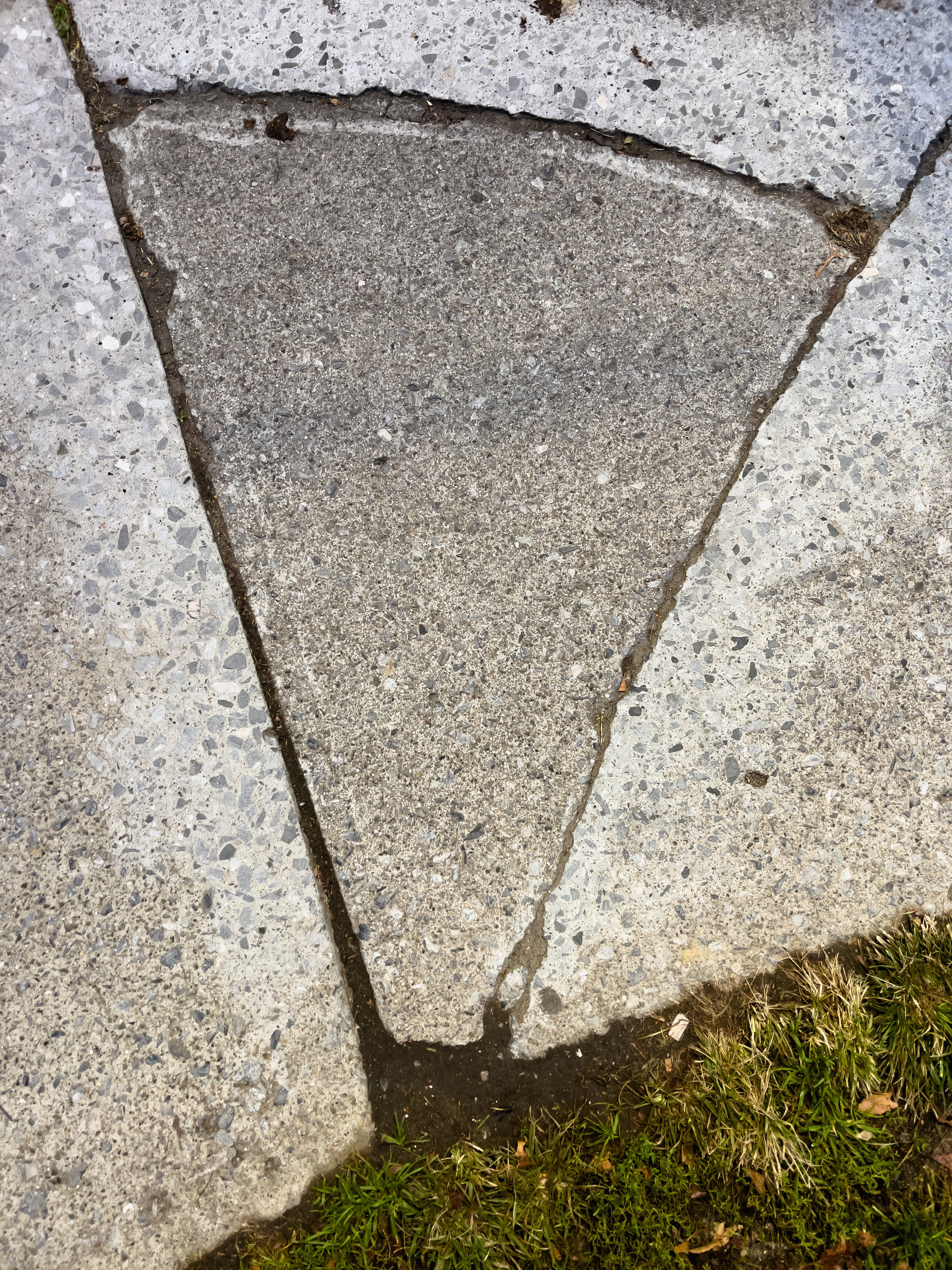 Triangular patch in concrete sidewalk.