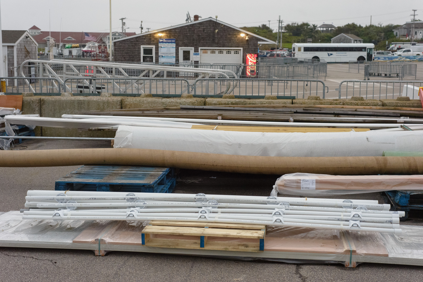Construction materials in freight yard of ferry terminal.