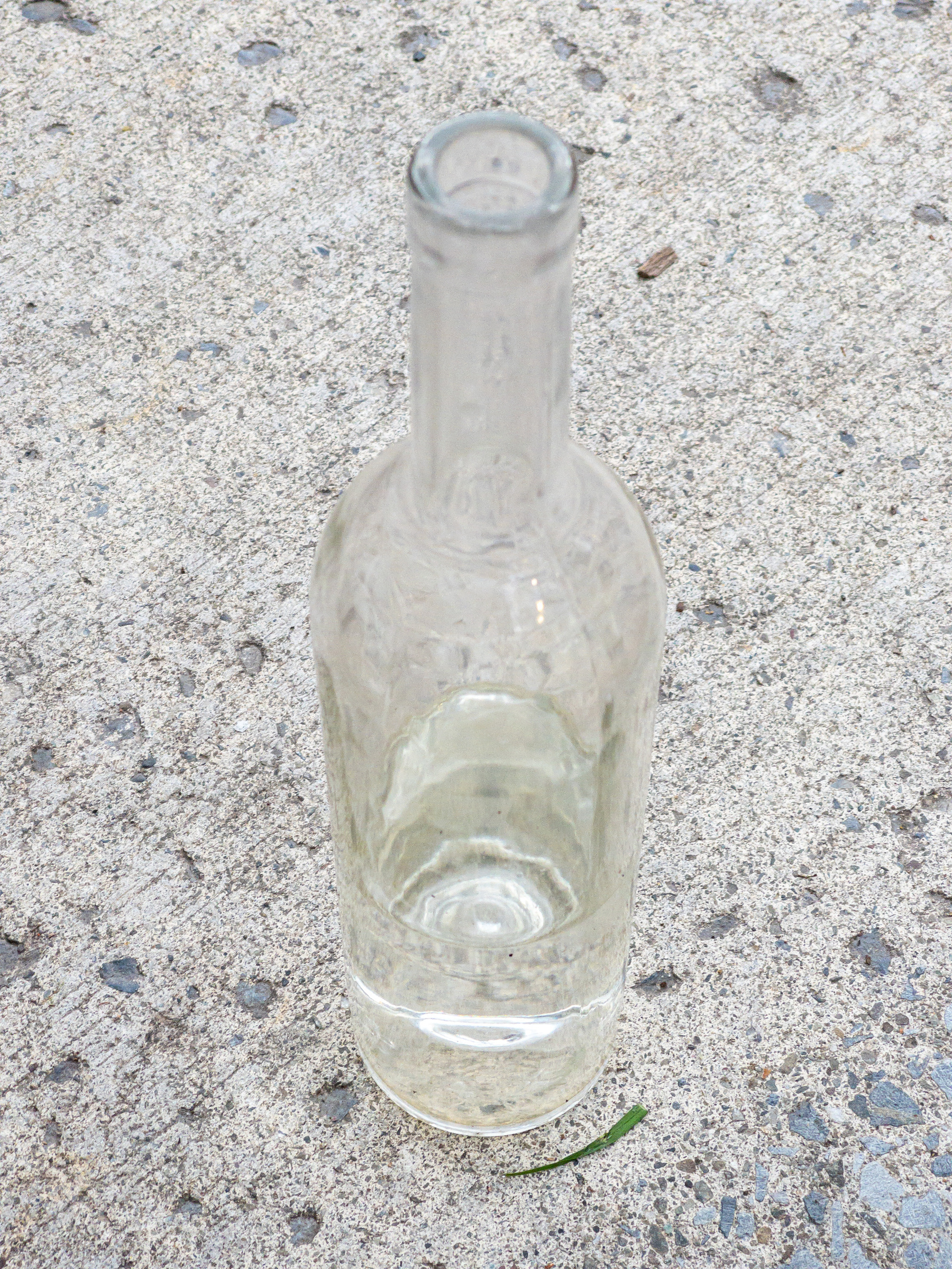 Random clear glass wine bottle half filled with water on the sidewalk.