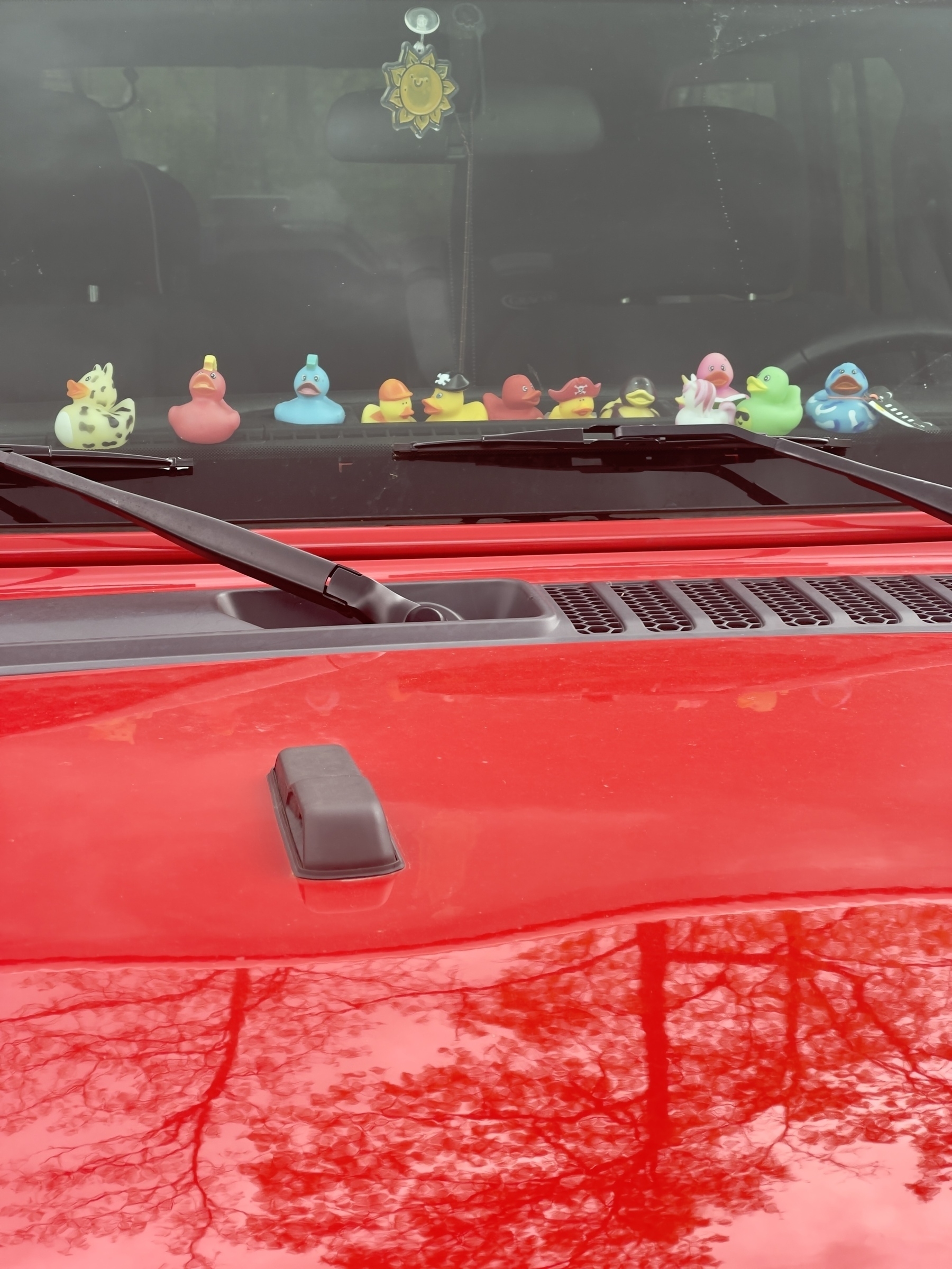 Rubber ducks all in a row on the dashboard of a red Jeep.