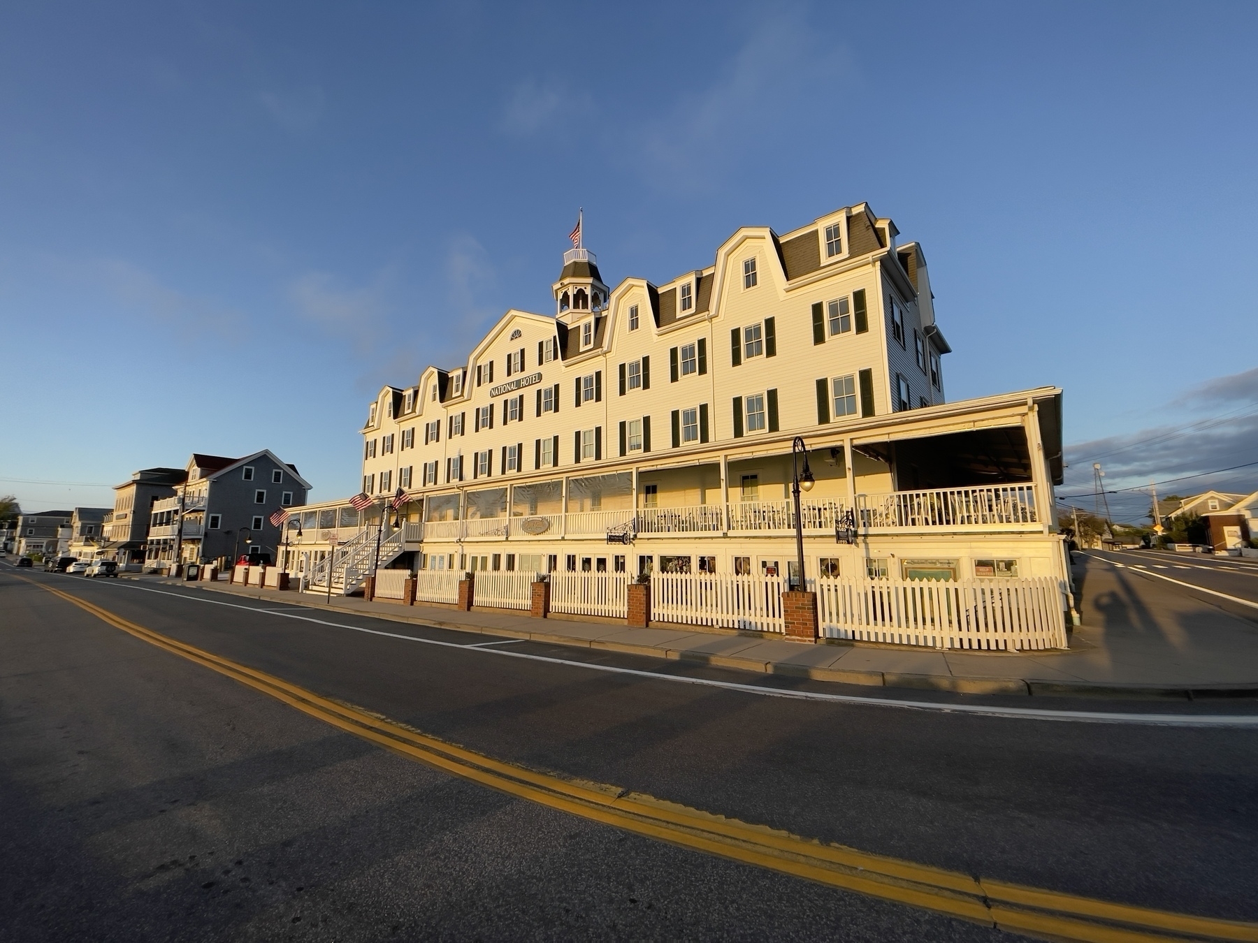 The National Hotel building on Block Island, in the early morning sun.