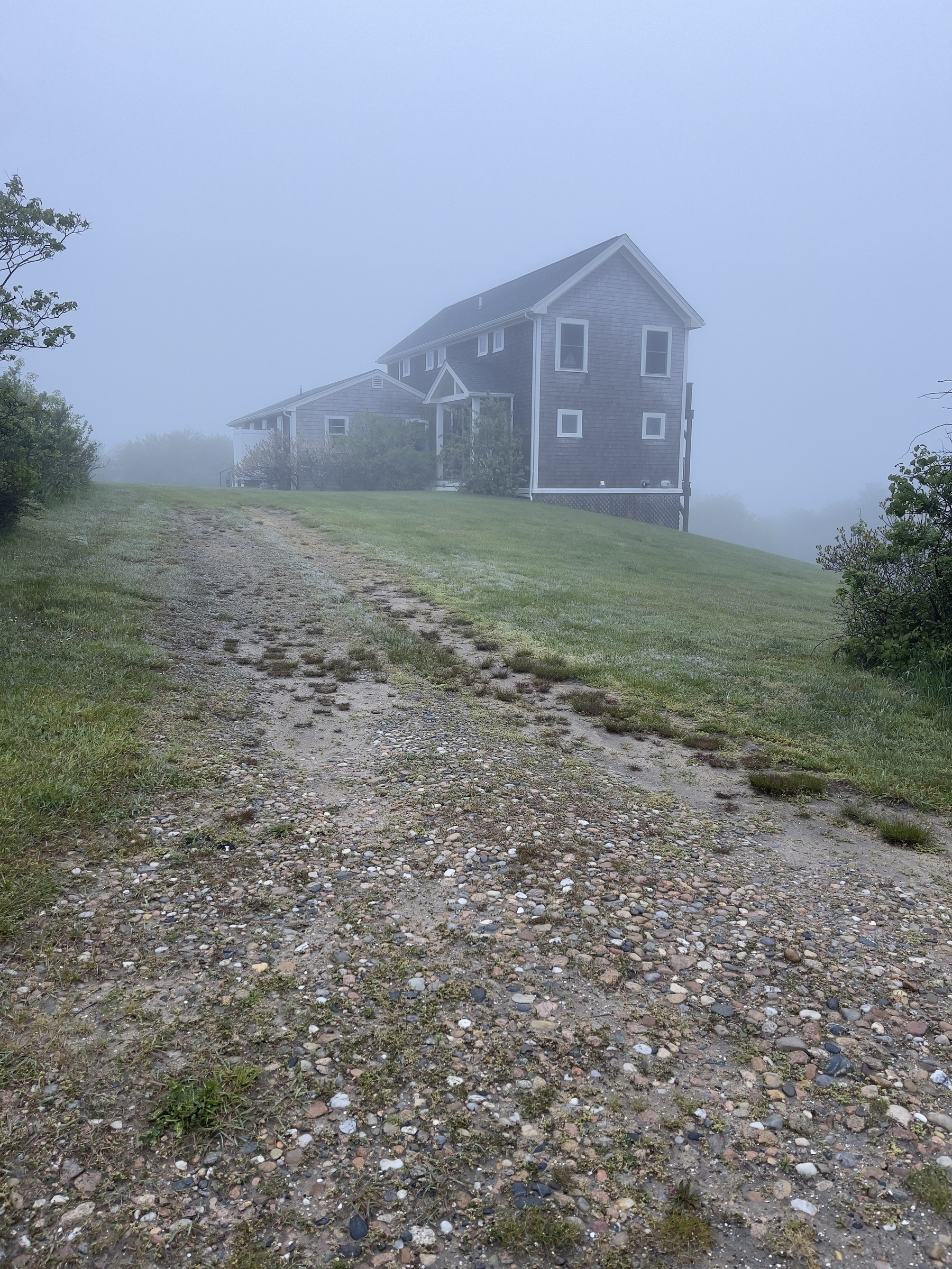 House on a rise in the landscape. Landscape beyond the house obscured by fog.