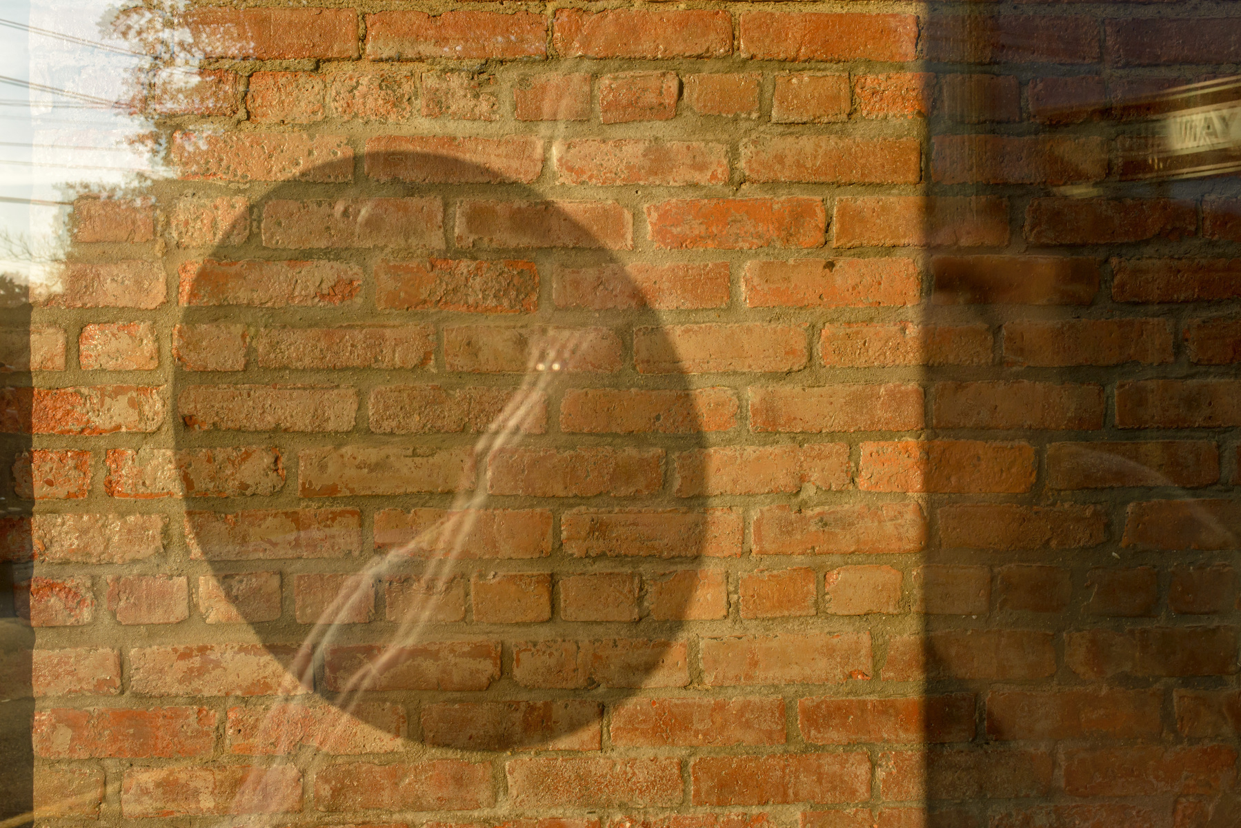 Circular shadow on brick wall in a shop.