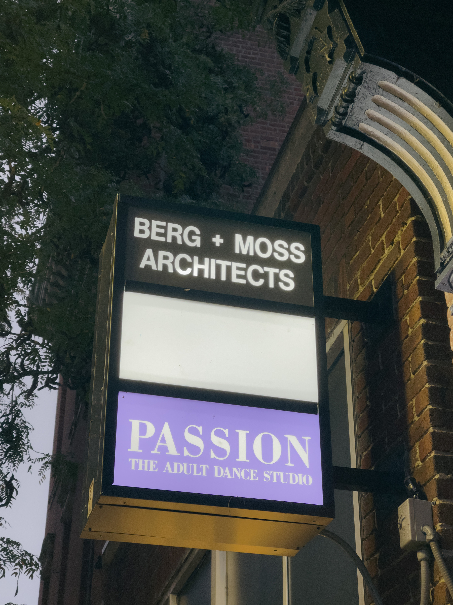 Business signage for Moss Architects and Passion Adult Dance Studio.
