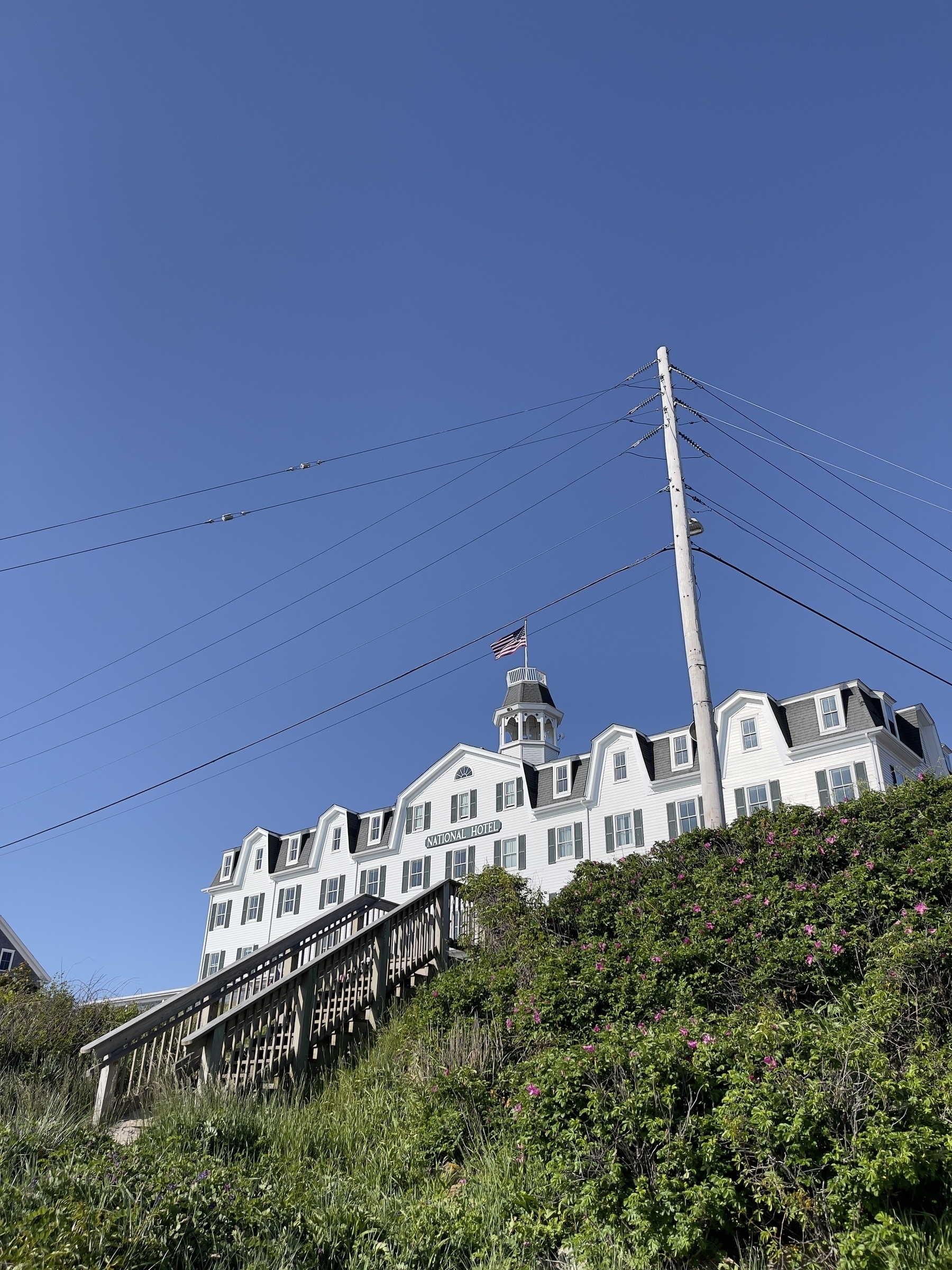 The National Hotel on Block Island from the beach below.