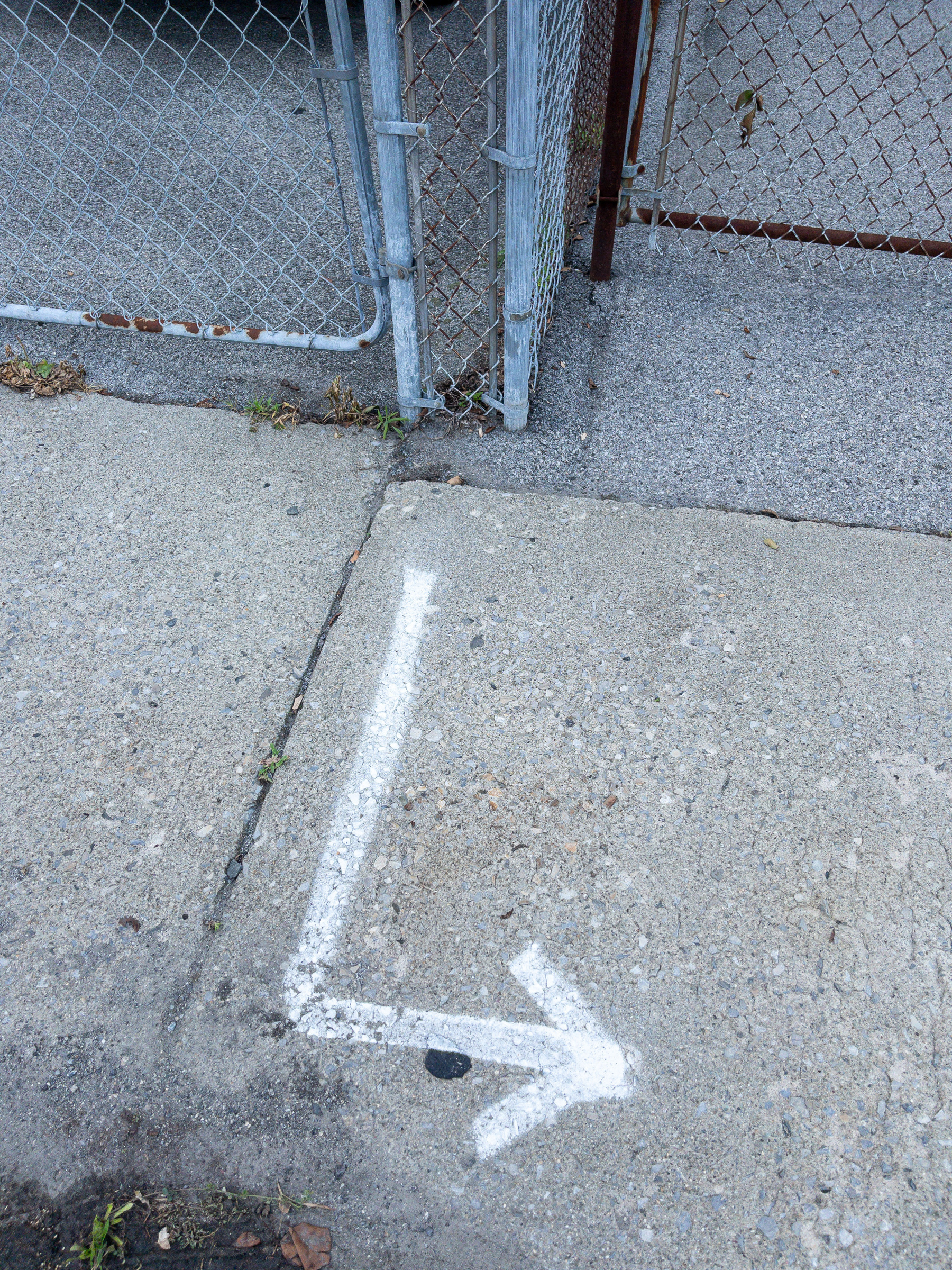 Right turn arrow painted on a sidewalk, chainlink fencing in background.