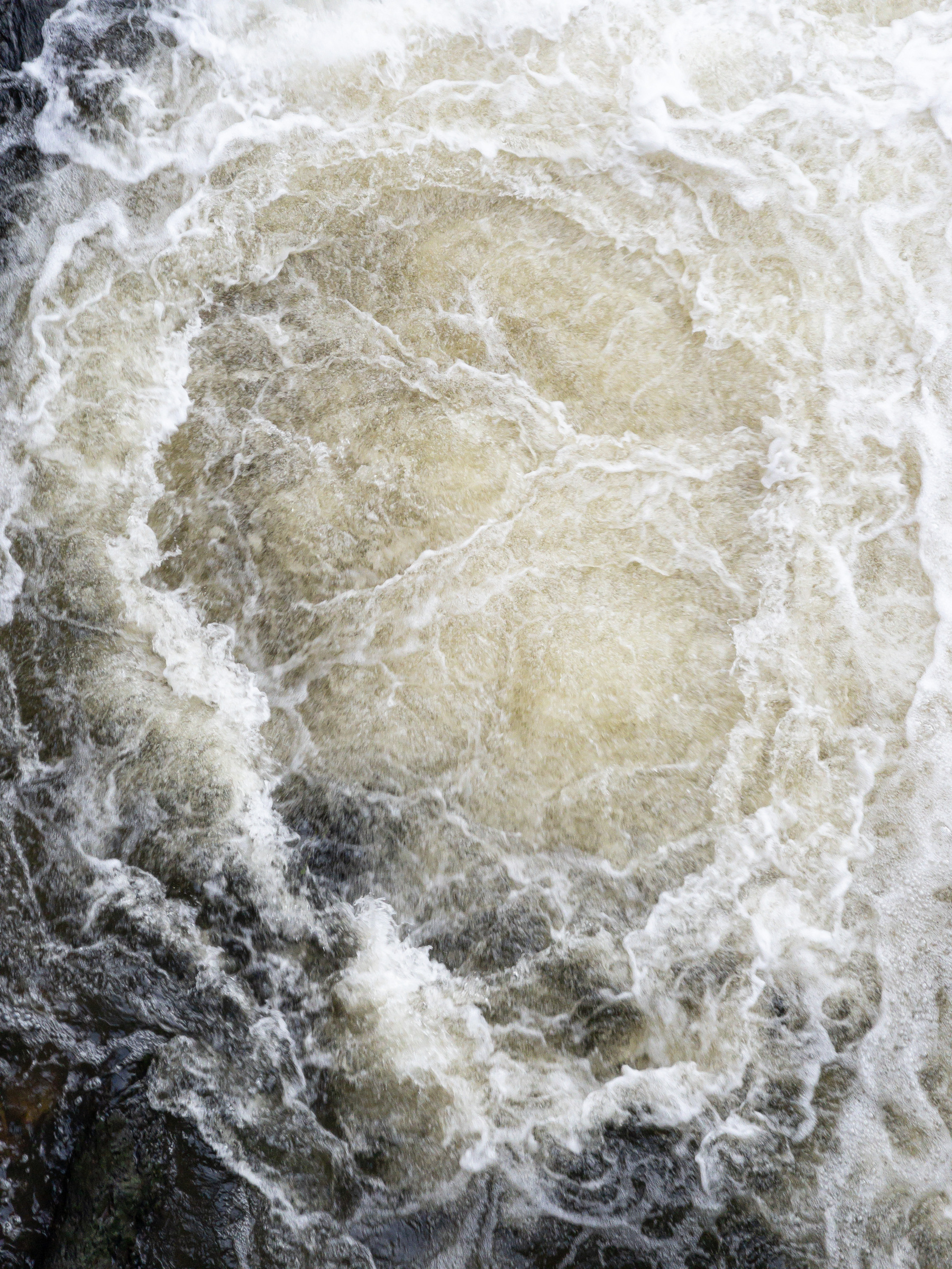 Ring of violently churning water on the surface of a creek.