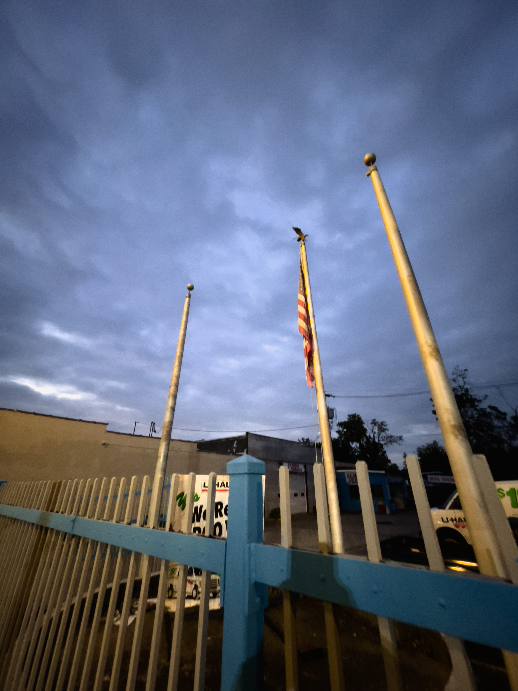 Wide angle shot of three flagpoles and sky, blue metal picket fence in foreground.