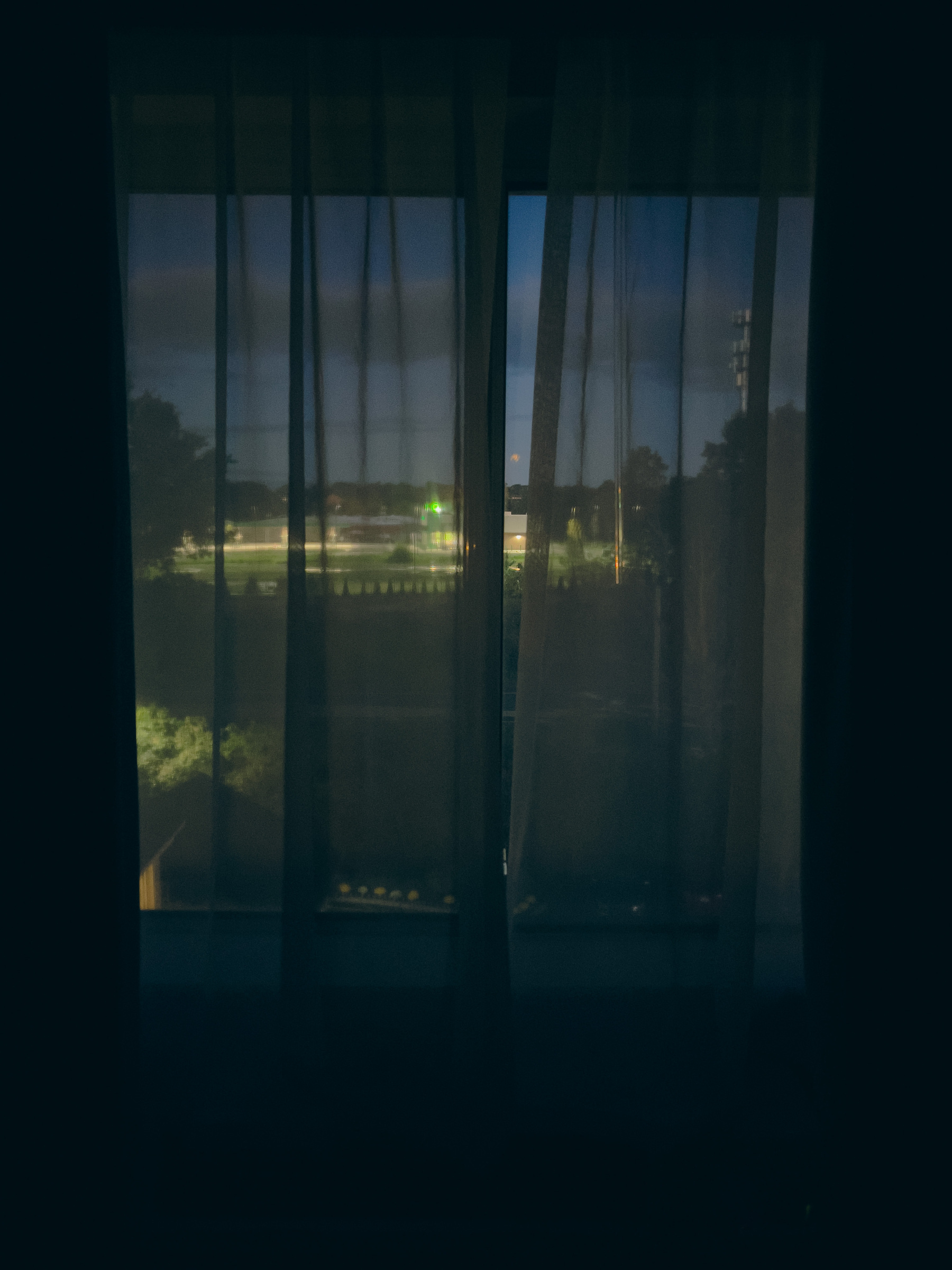 Early morning view through sheer curtains in a hotel room.