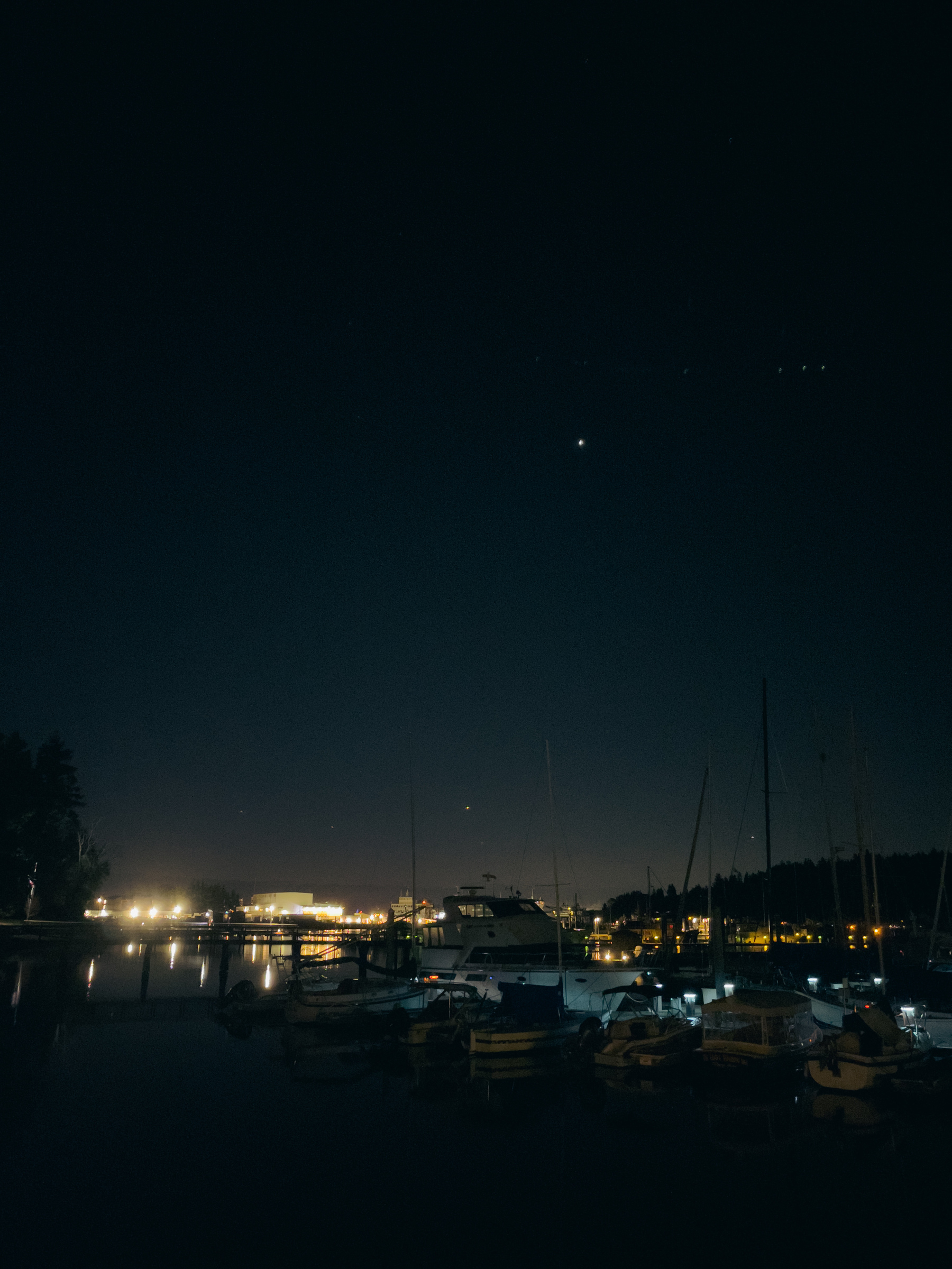 Night view of Bainbridge Island harbor with Venus in the sky.