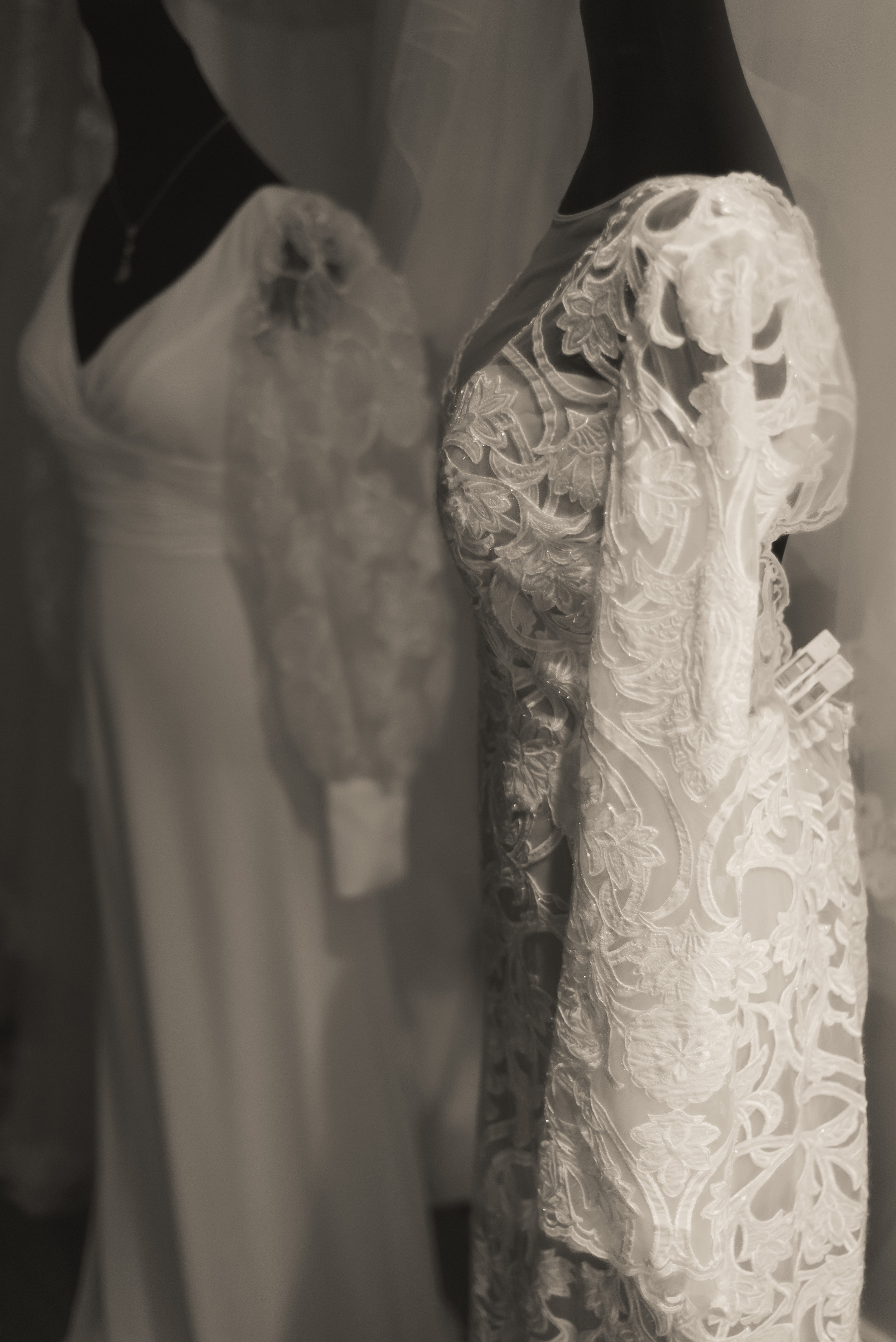 Wedding dresses in a bridal shop.