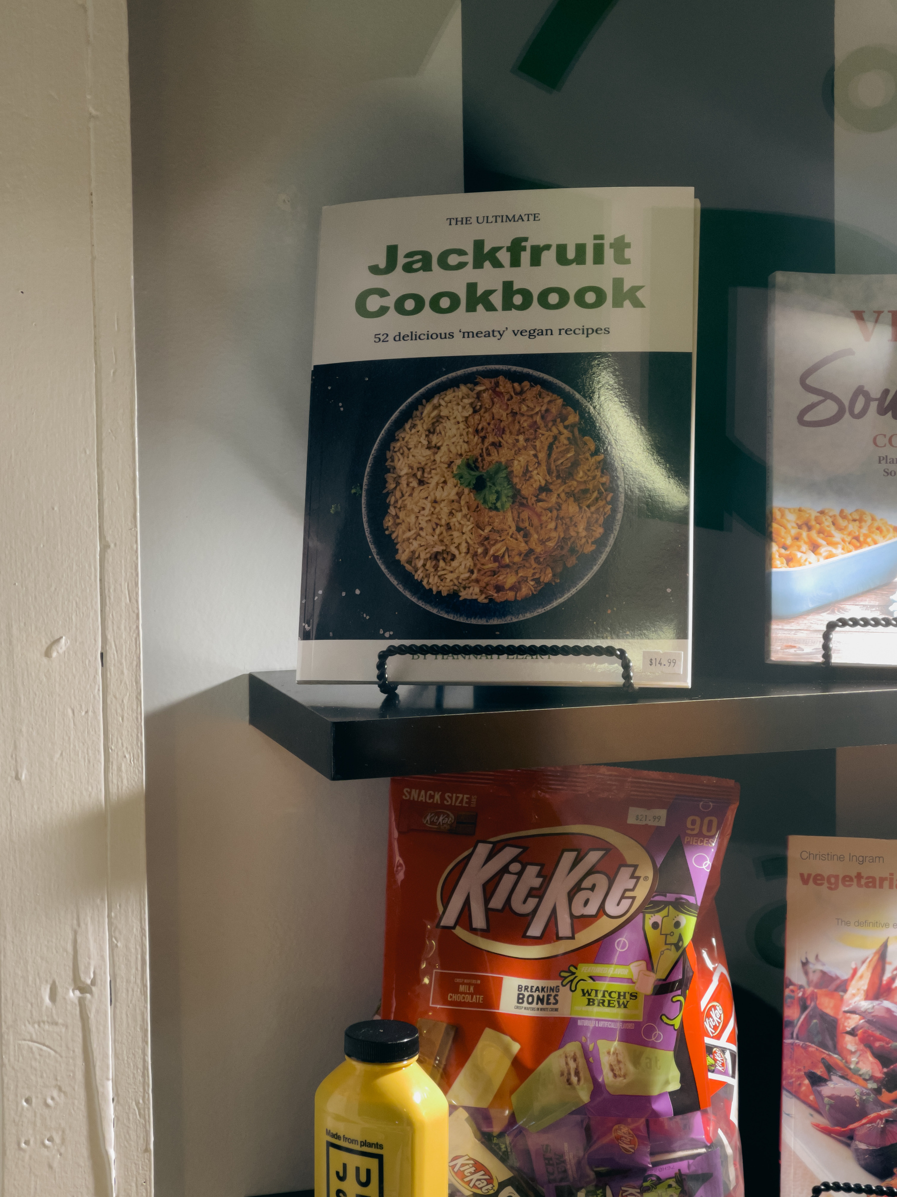 Jackfruit cookbook in shop window display.