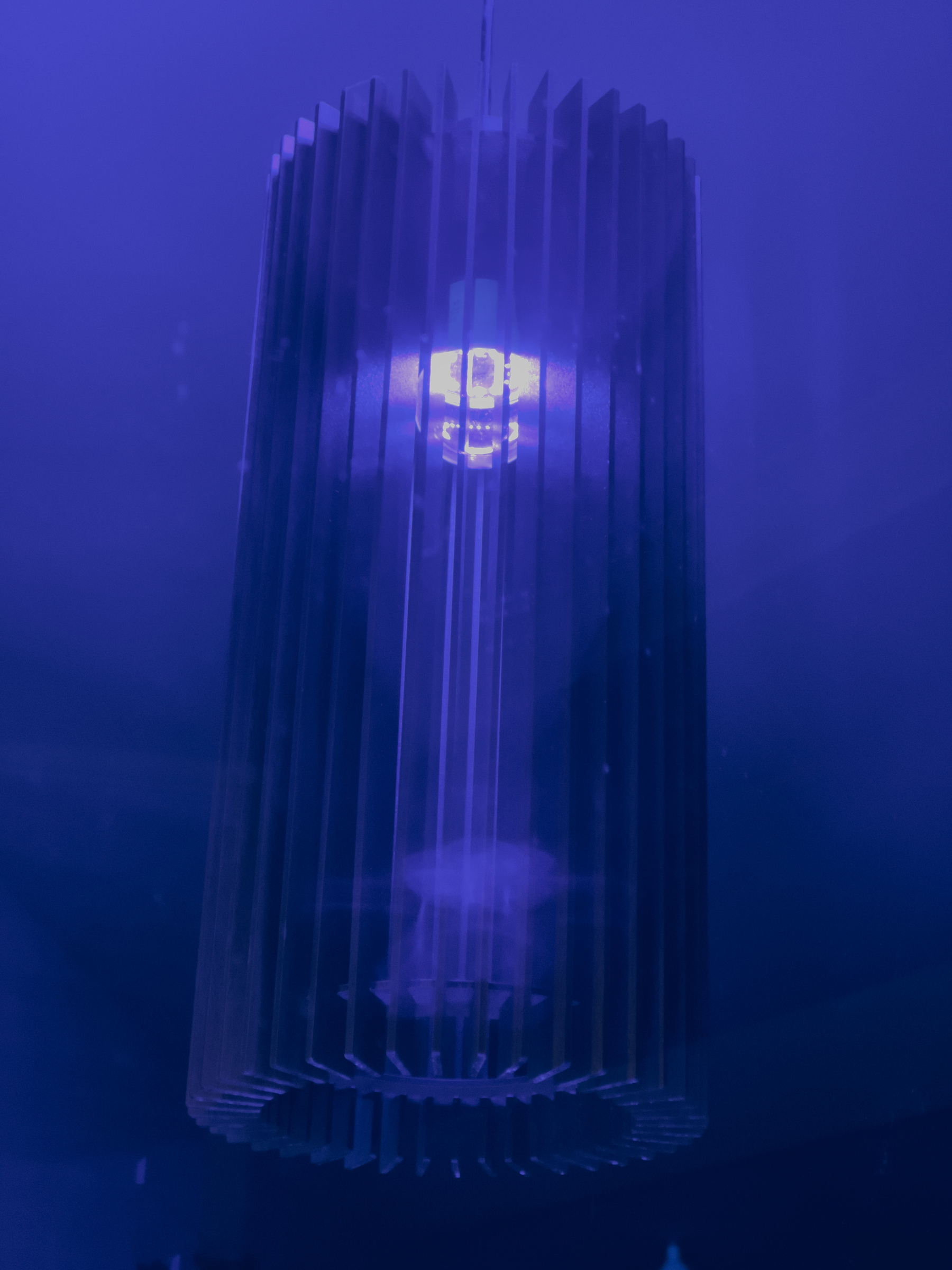 Cylindrical finned light fixture in shop widow, scene bathed in purple glow.